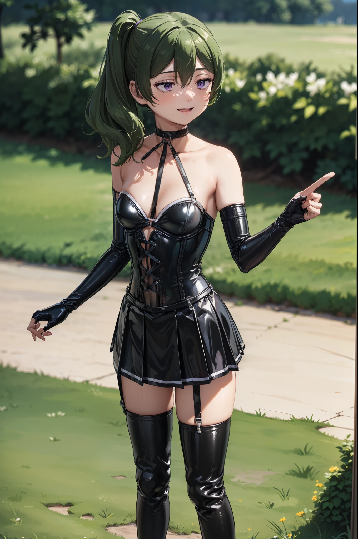 BDSM、Queen、spouse、One Girl、alone、(((Long gloves covered in black latex all the way to the fingertips:1.4 )))、(((black latex corset dress:1.4)))、(((Beautiful lace corset dress.)))、(((corset dress with shoulder straps)))、(((black latex tight miniskirt:1.4)))、(((Black thigh-high boots)))、Stiletto heels、(((Black latex panties)))、(((black latex bra)))、(((Black leather collar)))、(((Sexy pose)))、Wide-open legs、(((erotic)))、(((Cowboy Shot)))、Bruises, Bruises, Medium Hair, Hair between the eyes, Green Hair, (Side Ponytail), (Purple eyes:1.1), smile,Expose your shoulders,Small Bust、Flat Chest、Boyish Bust、
break outdoors, forest, nature, sun, null, cloud, Grass, wood, river, rock,
break looking at viewer, (Cowboy Shot:1.5),
break (masterpiece:1.2), highest quality, High resolution, unity 8k wallpaper, (shape:0.8), (Beautiful details:1.6), Highly detailed face, Perfect lighting, Extremely detailed CG, (Perfect hands, Perfect Anatomy),Gazing at the audience、邪悪なsmile、Cold Stare、Contempt、Contempt、