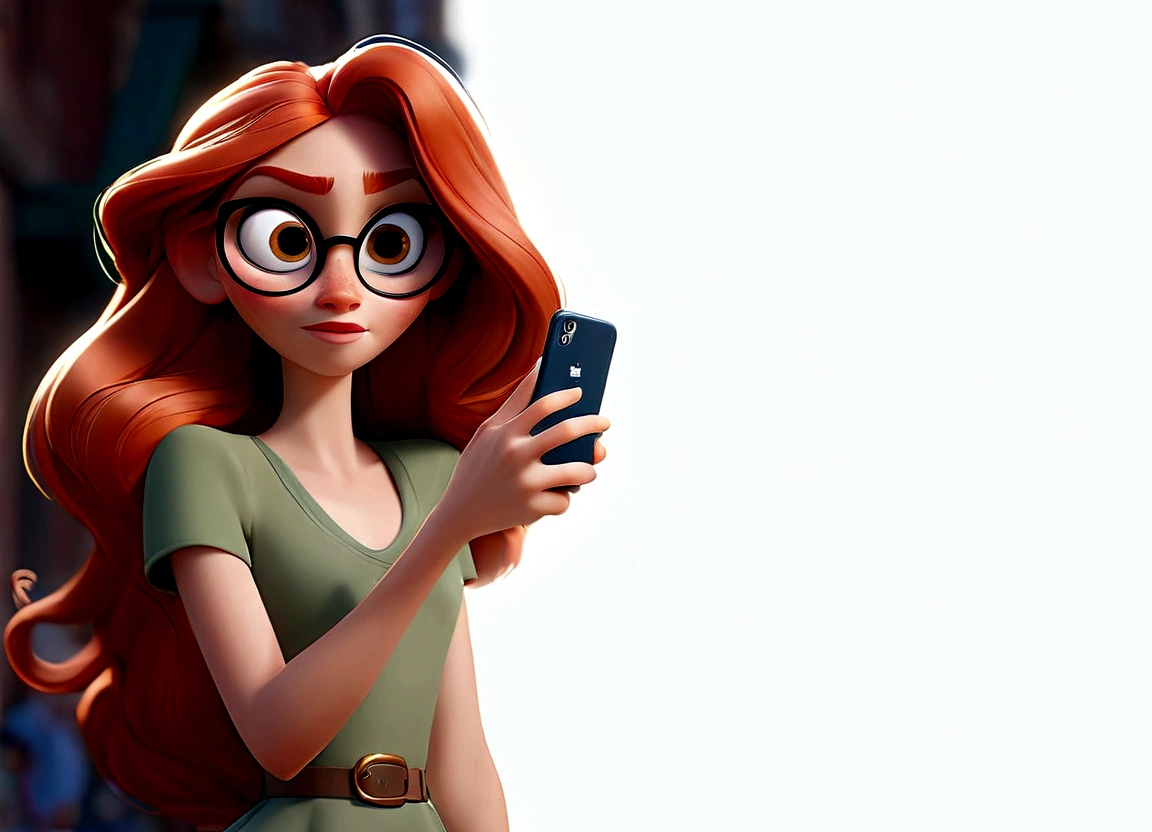 estilo disney pixar, melhor qualidade, maximum quality, poster disney pixar : there is a woman with long red hair and sunglasses taking a selfie, her hair is white, foto de baixa qualidade, imagem frontal, imagem vazada, qualidade muito muito baixa picture, 18 anos de idade, text and a pale young woman, foto muito precisa, vestido com uma camiseta branca, qualidade muito muito baixa, 2 modelo feminino de 4 anos, foto vazada