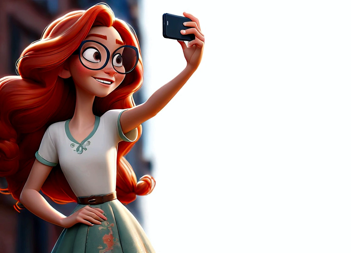 estilo disney pixar, melhor qualidade, maximum quality, poster disney pixar : there is a woman with long red hair and sunglasses taking a selfie, her hair is white, foto de baixa qualidade, imagem frontal, imagem vazada, qualidade muito muito baixa picture, 18 anos de idade, text and a pale young woman, foto muito precisa, vestido com uma camiseta branca, qualidade muito muito baixa, 2 modelo feminino de 4 anos, foto vazada