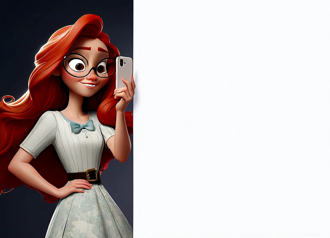 estilo disney pixar, melhor qualidade, maximum quality, poster disney pixar : there is a woman with long red hair and sunglasses taking a selfie, her hair is white, foto de baixa qualidade, imagem frontal, imagem vazada, qualidade muito muito baixa picture, 18 anos de idade, text and a pale young woman, foto muito precisa, vestido com uma camiseta branca, qualidade muito muito baixa, 2 modelo feminino de 4 anos, foto vazada