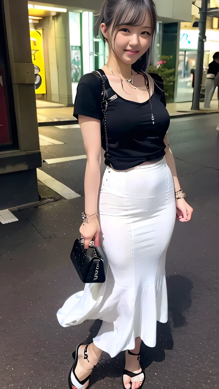 (Woman standing on Tokyo street:1.5、With background:1.4)、(Realistic、Like a photograph、Live Action、8k, Realistic, RAW Photos, Best image quality: 1.4), Single-lens reflex camera、RAW Photos, highest quality, Realistic, Very detailed CG Unity 8k wallpaper, Written boundary depth, Cinematic Light, Lens flare, Ray Tracing, Realistic background、(paisla:1.5、A tight fitting black t-shirt:1.4、Mermaidskirt:1.4、(Small breasts:0.5))、((Silver Inner Color Hair:1.1))、 1 female,Cute Japanese Girl、((whole body:1.5))、Medium Hair:1.2、Short Ponytail、I like that style、stylish、Very detailed、Pay attention to the details、Perfect outfit、(White skin)、Beautiful feet:1.1、View from below the front、Accurate Arm、Meet on a street corner