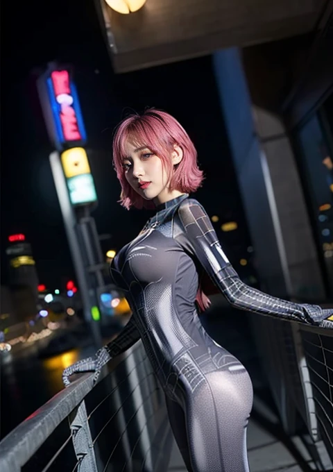 see through,(nude :1.50), (Pink Hair :1.3), (Dayu Seren:1.37),masterpiece, highest quality, High resolution, (Realistic:1.4), (Written boundary depth:1.5), 1 girl, Thai Idol, Idol&#39;face, Pretty Idol, (詳細なface), (whole body:1.5), Standing in a big city, 
 Wavy Hair, Big Breasts:1.5, View Audience, animeーション, Spider-Man pose, Super Heroine,Stunning cyberpunk cityscapes, Skyscraper, Neon Signs, LED Light, Bright and vivid color scheme, anime