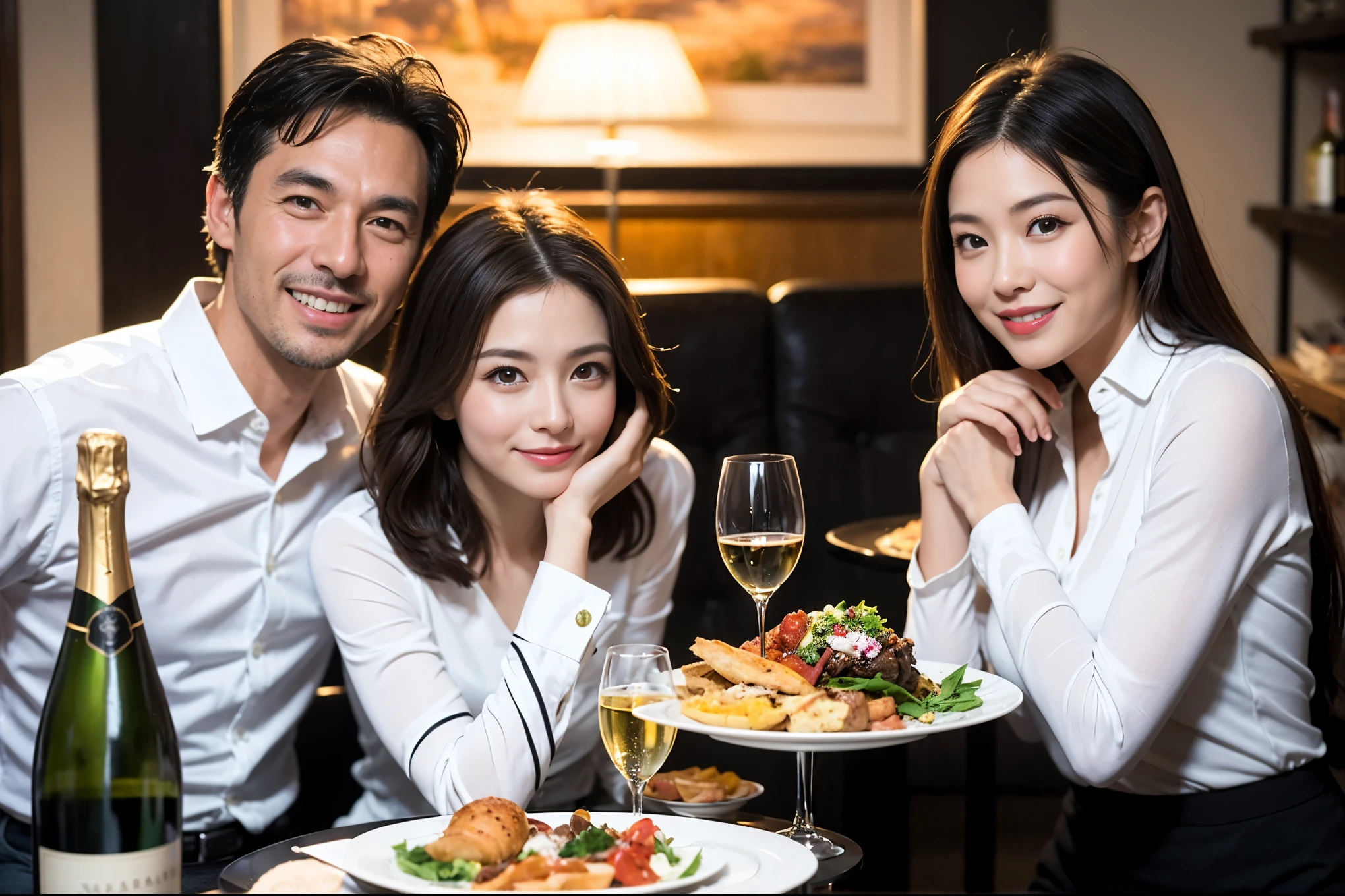 ((highest quality、8k、masterpiece:1.3))、1 male 1 female、lover、spouse、Beautiful couple、Smiling beauty、full-course dinner、 (Slim face), (the body is スリム), (Brown Hair), (Shortcuts), テーブルの上のwine glass、Please shine a light on my face、 Amazing view of the sunset sky and clouds、The beauty of a smile、Shortcuts,Bright Face、 (42 years old), 39 years old, red wine 、Appetizers、Italian food、Wine bottle、Champagne、sparkling wine、Long sleeve shirt、dress、restaurant, actress, model, Upper Body, White wine, red wine, wine glass, 