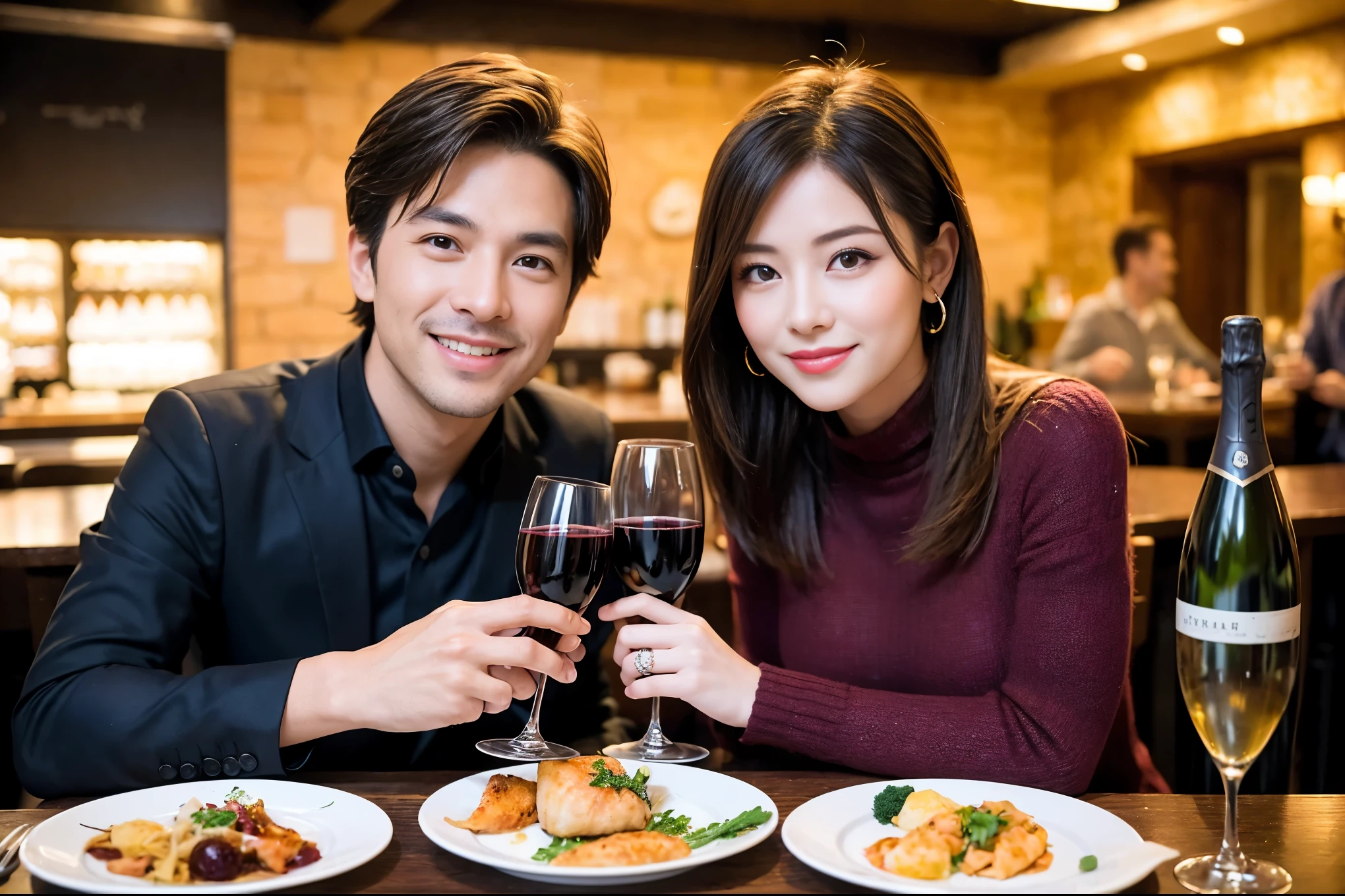 ((highest quality、8k、masterpiece:1.3))、1 male 1 female、lover、spouse、Beautiful couple、Smiling beauty、full-course dinner、 (Slim face), (the body is スリム), (Brown Hair), (Shortcuts), テーブルの上のwine glass、Please shine a light on my face、 Amazing view of the sunset sky and clouds、The beauty of a smile、Shortcuts,Bright Face、 (42 years old), 39 years old, red wine 、Appetizers、Italian food、Wine bottle、Champagne、sparkling wine、Long sleeve shirt、dress、restaurant, actress, model, Upper Body, White wine, red wine, wine glass,