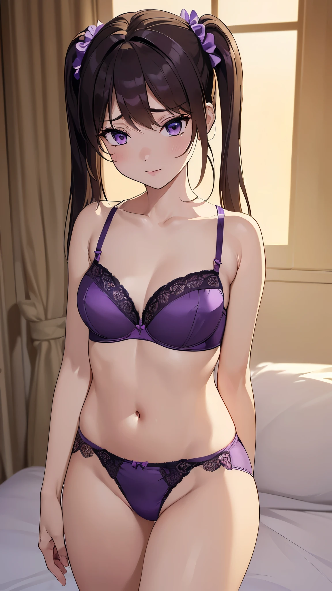 ((8K resolution))、((highest quality))、((masterpiece))、((Very detailed))((((dramatic))), (Anatomically correct)、((theme、whole body:1.1)), The depth of the object to write、Looking at the camera、front、one person、lure、blush、Shy laugh、Toned arms, Long, slender legs, Athletic Presence,(satin bra、Satin Panties)、(Hairstyle:Purple、Twin tails)