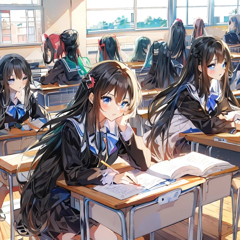 anime girls,(multiple girls:1.6),(((exam))),school classroom, test, anime style ,solve exam questions, taking notes, black hair