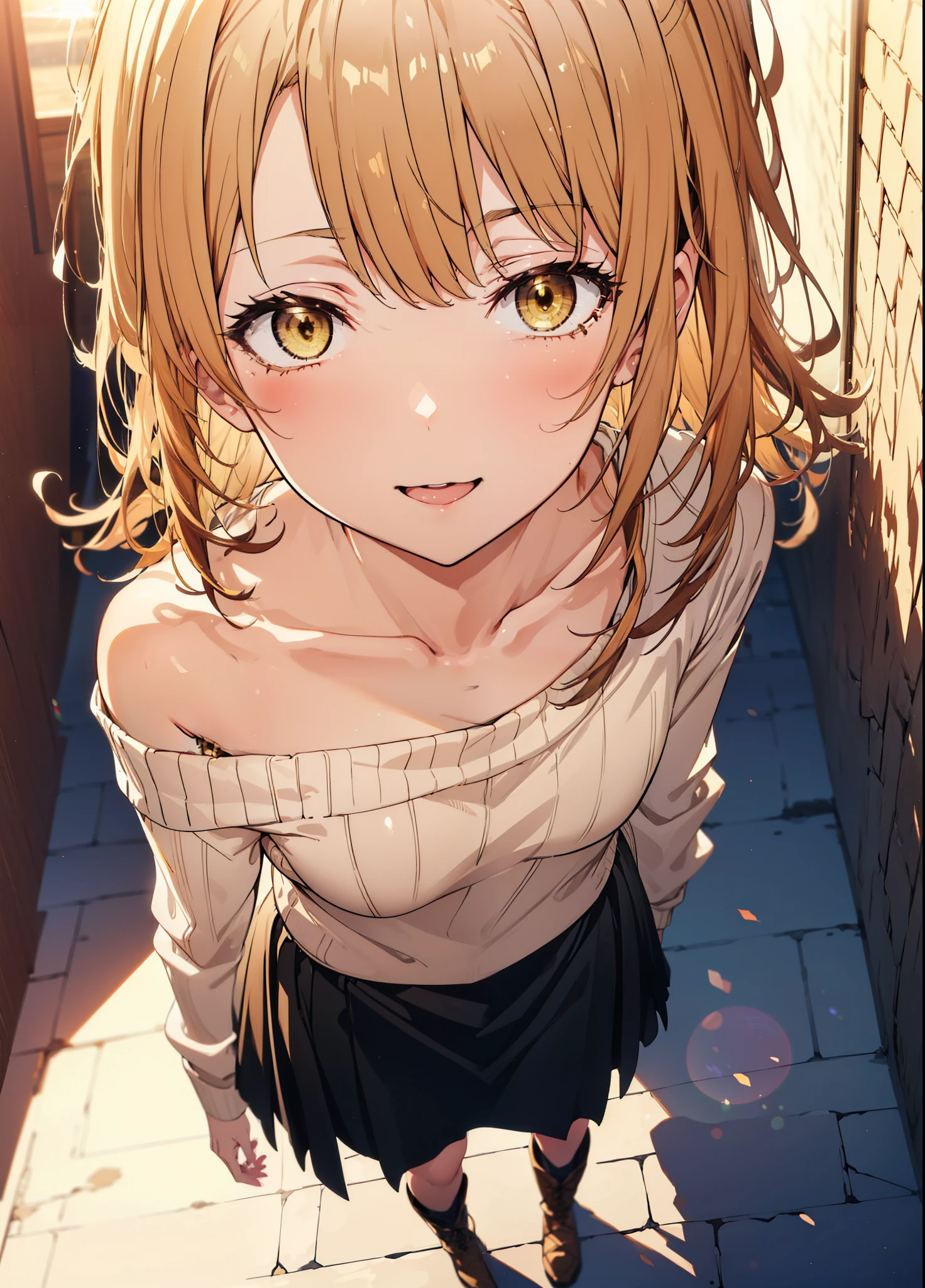 irohaisshiki, iroha isshiki, One Girl,Long Hair, Brown Hair, (Brown eyes:1.5), happy smile, smile, Open your mouth,Yellow one-shoulder sweater,Black long skirt,short boots,morning,morning陽,The sun is rising,whole bodyがイラストに入るように,Walking,
break outdoors, Building district,
break looking at viewer,whole body,
break (masterpiece:1.2), highest quality, High resolution, unity 8k wallpaper, (shape:0.8), (Beautiful details:1.6), Highly detailed face, Perfect lighting, Extremely detailed CG, (Perfect hands, Perfect Anatomy),