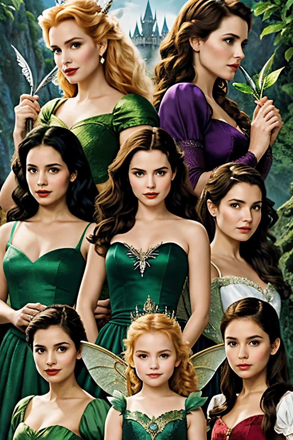 imagen donde aparezcan 8 personajes tinkerbell , blanca nieves, cenicieunta , merida , Prince Eric, Maleficent and jasmine , hazlo tipo flyer