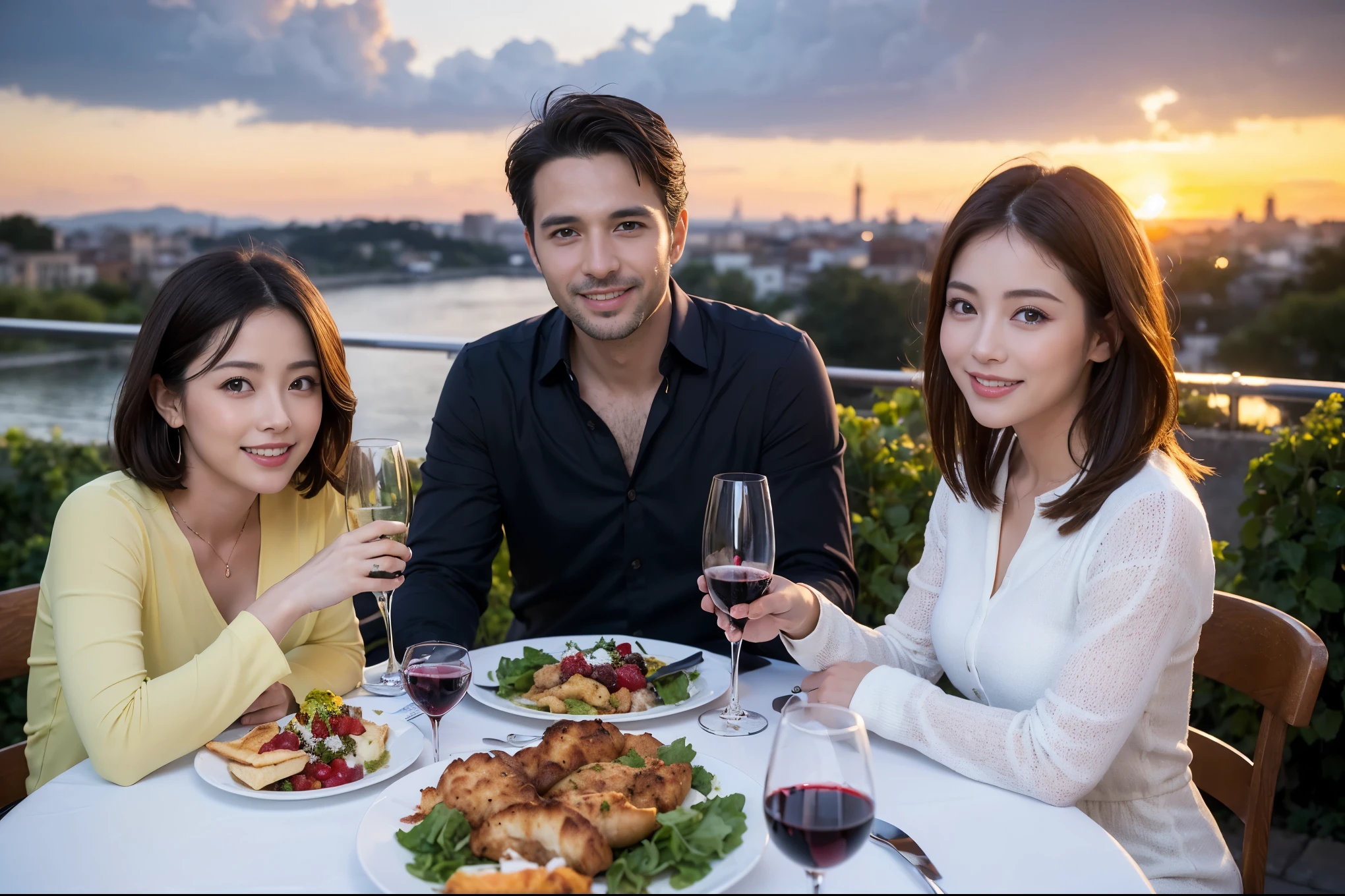 ((highest quality、8k、masterpiece:1.3))、1 male 1 female、A lover who resembles Satomi Ishihara、Beautiful couple、smile、full-course dinner、 (Slim face), (the body is スリム), (Brown Hair), (Shortcuts), ((Bob Hale、テーブルの上のwine glass、Please shine a light on my face、 Amazing view of the sunset sky and clouds、 (Age 37), 39 years old, red wine 、Appetizers、Italian food、Wine bottle、Champagne、sparkling wine、Long sleeve shirt、dress、White wine, red wine, wine glass, 