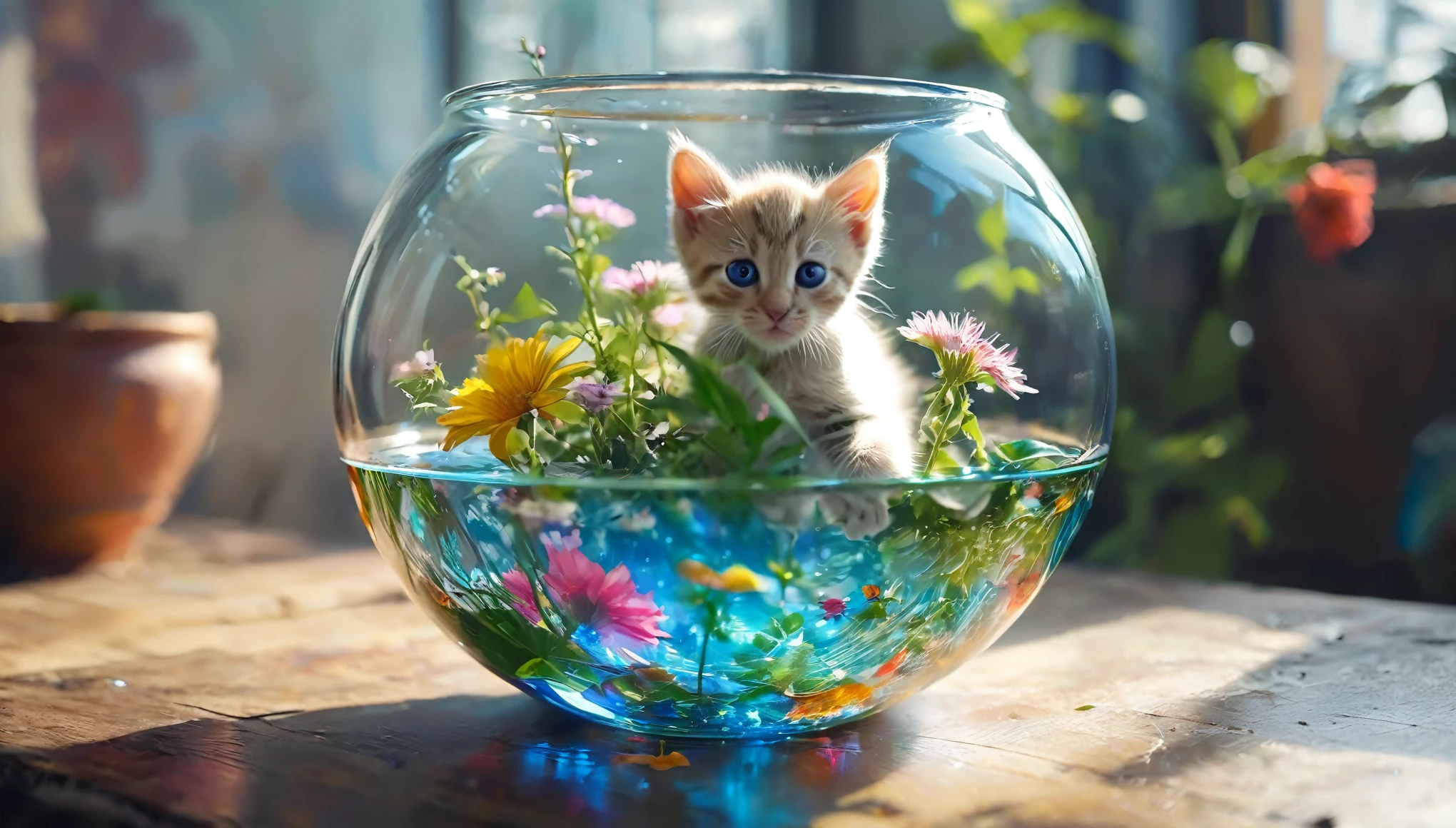 /I combining liquid kittens from science glass into flower of life bowl, surreal unexpected alchemical reaction