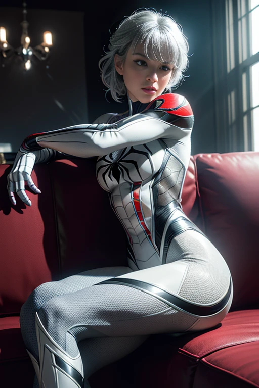 (Extreme Detail CG Unity 8K wallpaper, masterpiece, highest quality), (Exquisite lighting and shadow, highly dramatic picture, Cinematic lens effect), a girl in a white Spider-Man costume, silver gray hair color, from the Spider-Man parallel universe, Wenger, Marvel, Spider-Man, sitting on the couch, dynamic pose), (excellent detail, excellent lighting, wide angle), (excellent rendering, enough to stand out in its class), focus on white Spider-Man costumes, complex spider textures