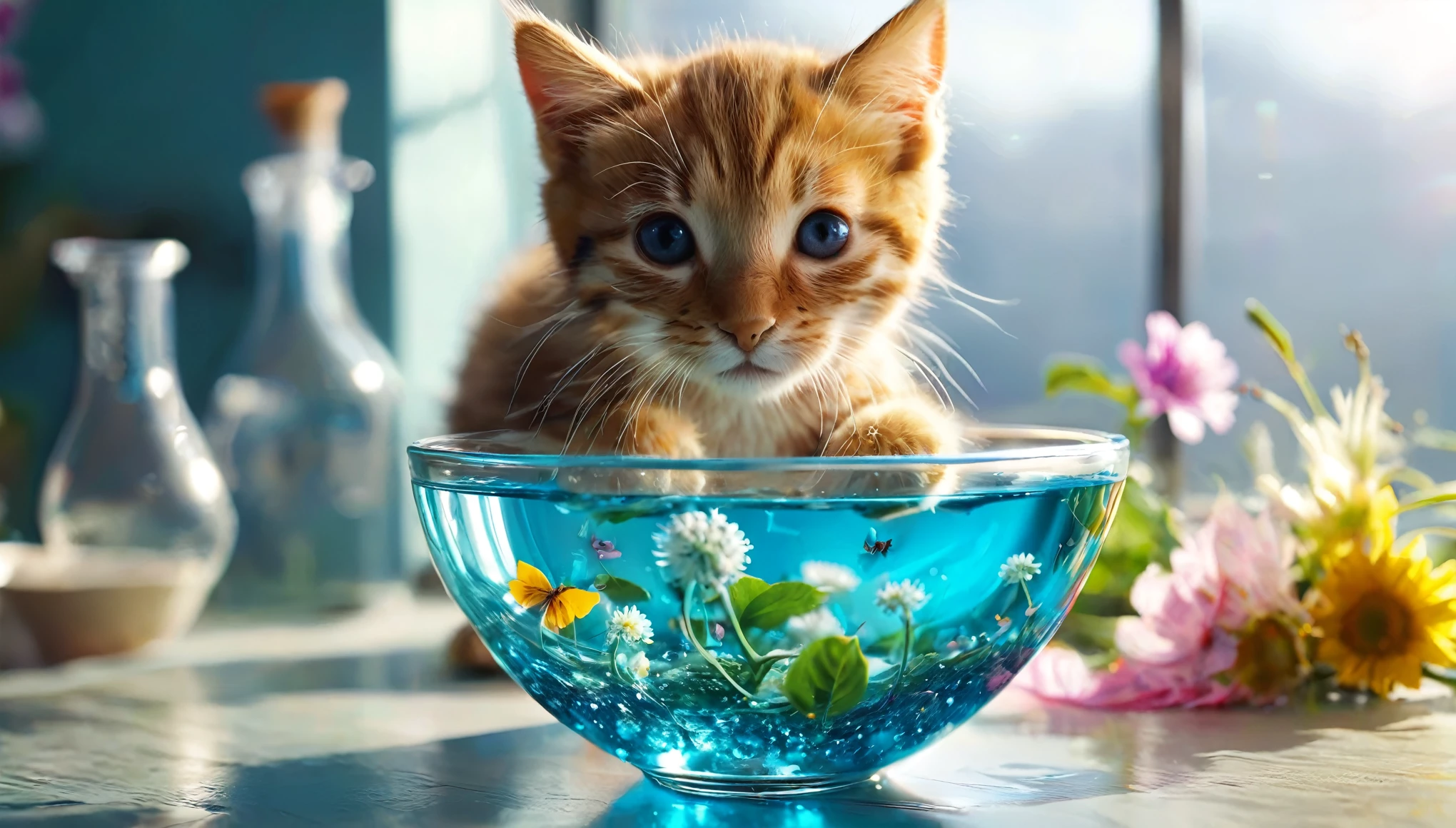 /I combining liquid kittens from science glass into flower of life bowl, surreal unexpected alchemical reaction