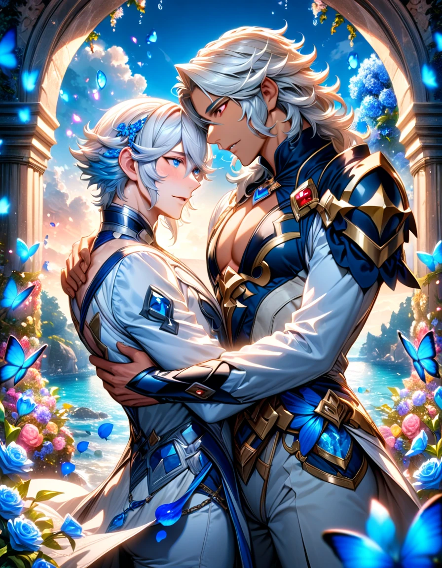 absurdres, highres, ultra detailed, HDR, master piece, best quality, Niles, white hair, expressive blue eyes, Fire Emblem Fates, Corrin, white hair, expressive red eyes, two sexy men together, gay couple, yaoi, handsome, white clothes, magical, fantasy, water, blue butterflies, blue flowers, blue petals, blue trees