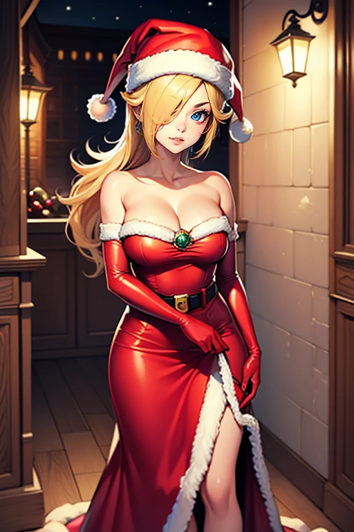 1girl, solo, masterpiece, best quality, high res, highly detailed, (illustration), beautiful detailed eyes, rosalina ,glossy lips, makeup, smile, long white satin elbow gloves, cowboy shot, (santa), red santa dress, santa hat, strapless dress, full body