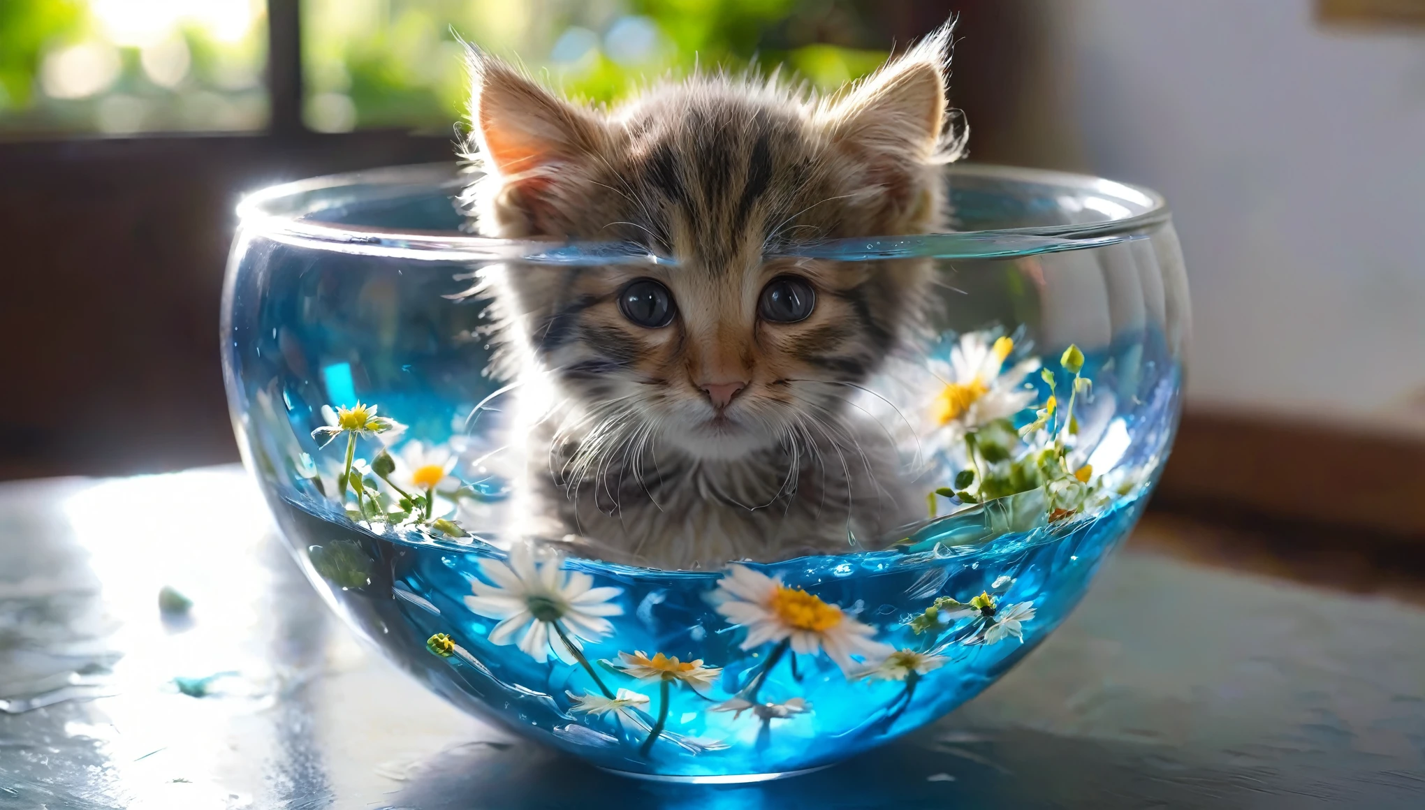 /I combining liquid kittens from science glass into flower of life bowl, surreal unexpected alchemical reaction