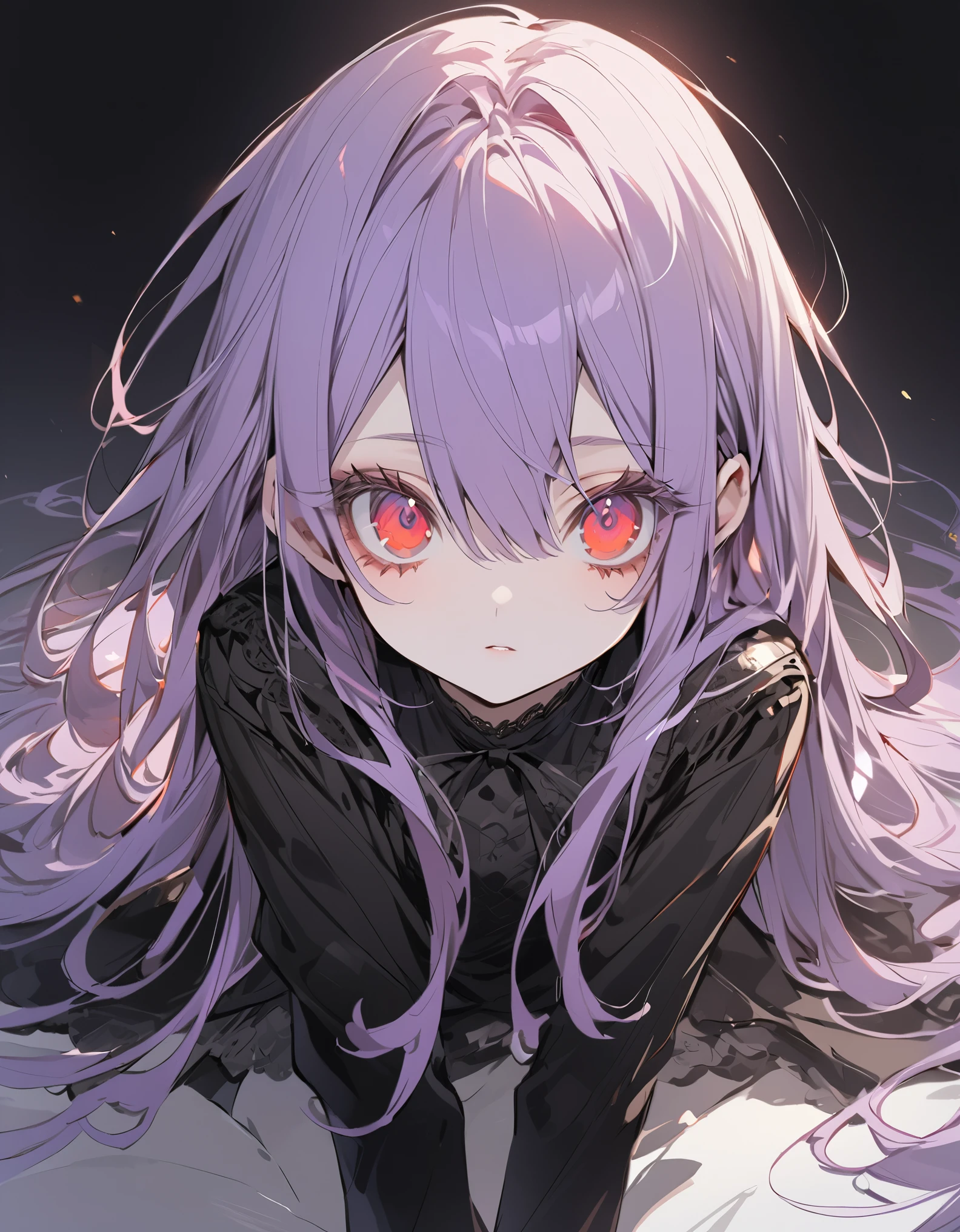 Girl falls to the ground(Sketches) ,Pale red eyes(Big Eyes:1.2), ,Long purple hair(Semi-long hair:1.4)(eye shadow:1.3)(Eyelashes:1.2)(Black Background)