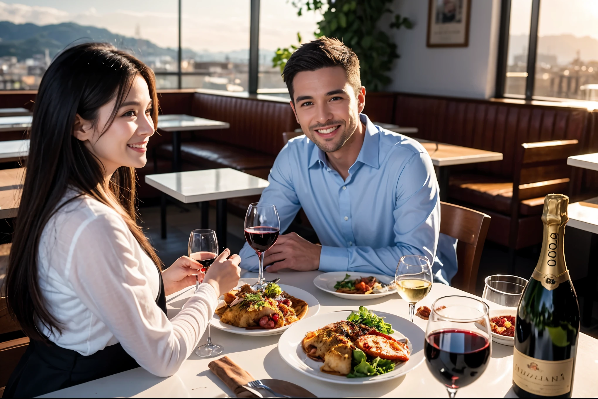 ((highest quality、8k、masterpiece:1.3))、1 male 1 female、lover、spouse、Beautiful couple、Smiling beauty、full-course dinner、 (Slim face), (the body is スリム), (Brown Hair), (Shortcuts), テーブルの上のwine glass、Please shine a light on my face、 Amazing view of the sunset sky and clouds、The beauty of a smile、Shortcuts,Bright Face、 (42 years old), 39 years old, red wine 、Appetizers、Italian food、Wine bottle、Champagne、sparkling wine、Long sleeve shirt、dress、restaurant, actress, model, Upper Body, White wine, red wine, wine glass,