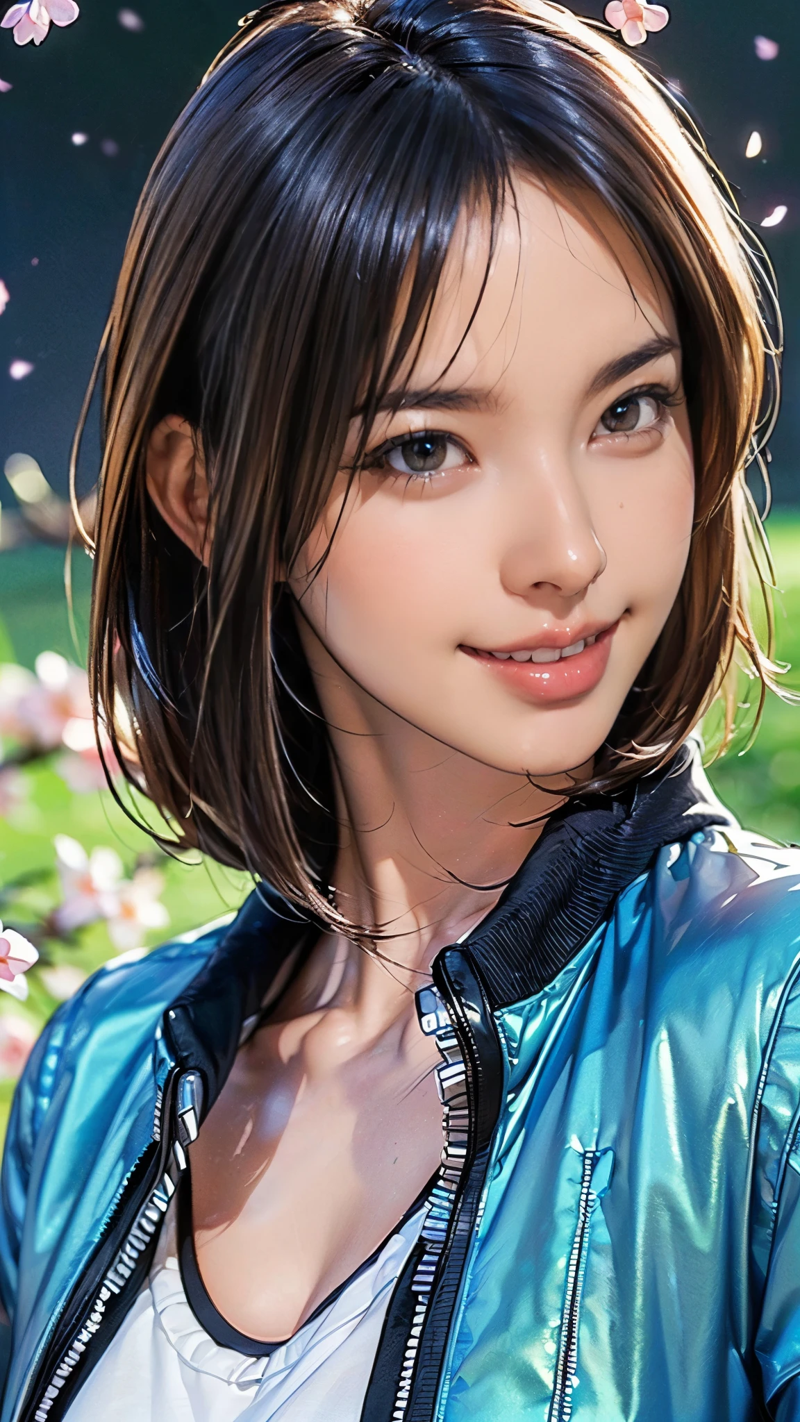 (((masterpiece:1.5),(highest quality:1.5),(Very detailed:1.5),(High resolution:1.5),(Realistic:1.5),(Photorealistic:1.5),(Delicate depiction),(Gentle colors))),8k,wallpaper,BREAK,1 girl,New female employee,(Face close-up:1.5),(front),Japanese,Short Bob,(Black Hair),(Beautiful Hair:1.5),(Shiny Hair:1.3),(Detailed hair drawing:1.2),(Peering in:1.5),(Fine skin:1.5),(Shiny skin:1.3),(Beautiful Face:1.5),(Cute Face:1.5),(smile:1.5),(Smiling with mouth closed:1.5),(Beautiful Teeth),((Wearing a stylish jacket:1.5)),((Wearing a cute shirt:1,5)),(Very delicate and beautiful brightly colored clothing:1.4),(Spring background:1.5),(faint light:1.5),(((Blur the background:1.5)))