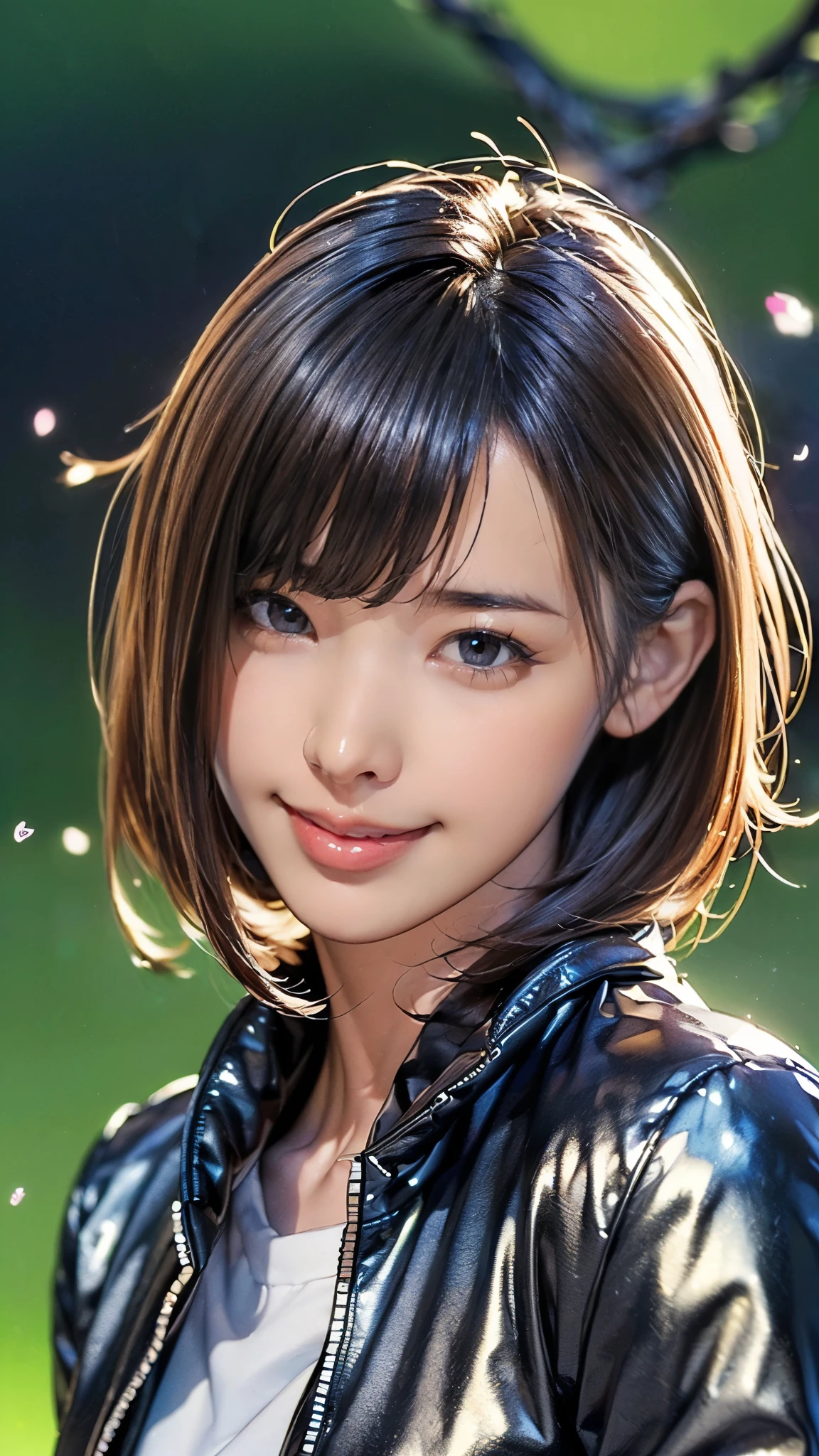 (((masterpiece:1.5),(highest quality:1.5),(Very detailed:1.5),(High resolution:1.5),(Realistic:1.5),(Photorealistic:1.5),(Delicate depiction),(Gentle colors))),8k,wallpaper,BREAK,1 girl,New female employee,(Face close-up:1.5),(front),Japanese,Short Bob,(Black Hair),(Beautiful Hair:1.5),(Shiny Hair:1.3),(Detailed hair drawing:1.2),(Peering in:1.5),(Fine skin:1.5),(Shiny skin:1.3),(Beautiful Face:1.5),(Cute Face:1.5),(smile:1.5),(Smiling with mouth closed:1.5),(Beautiful Teeth),((Wearing a stylish jacket:1.5)),((Wearing a cute shirt:1,5)),(Very delicate and beautiful brightly colored clothing:1.4),(Spring background:1.5),(faint light:1.5),(((Blur the background:1.5)))
