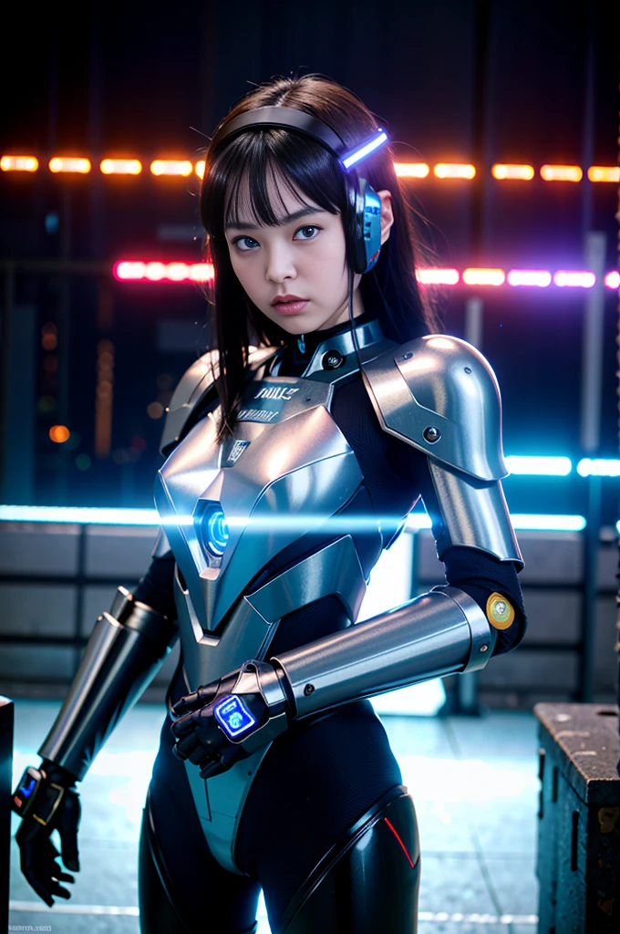 (RAW quality:1.4), Wide-angle shot, 1 female, Mecha, Sparkling blue eyes, , Japanese, Very cute face, (Realistic:1.37), /imagine prompt: cyberpunk, police girl, armor, futuristic, neon lights, high-tech, edgy, sleek, dynamic pose, urban backdrop, reflections, metal textures, glowing visor, powerful stance, sci-fi, dramatic shadows, intense colors, high contrast, street style, badass, fierce, stylish, beauty, cybernetic enhancements
