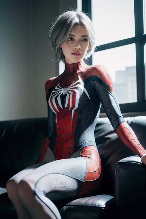 (Extreme Detail CG Unity 8K Wallpaper, masterpiece, of the highest quality), (exquisite lighting and shadow, very dramatic image, cinematic lens effect), a girl in a white Spiderman costume, Pale skin , pink skin tone, silver gray hair color, from the Spiderman parallel universe, wenger, Wonderful, Spiderman, sitting on the couch, dynamic pose), (excellent detail, excellent lighting, wide angle), (Excellent rendering, enough to stand out in its clasocus on white Spiderman costumes, complex spider textures