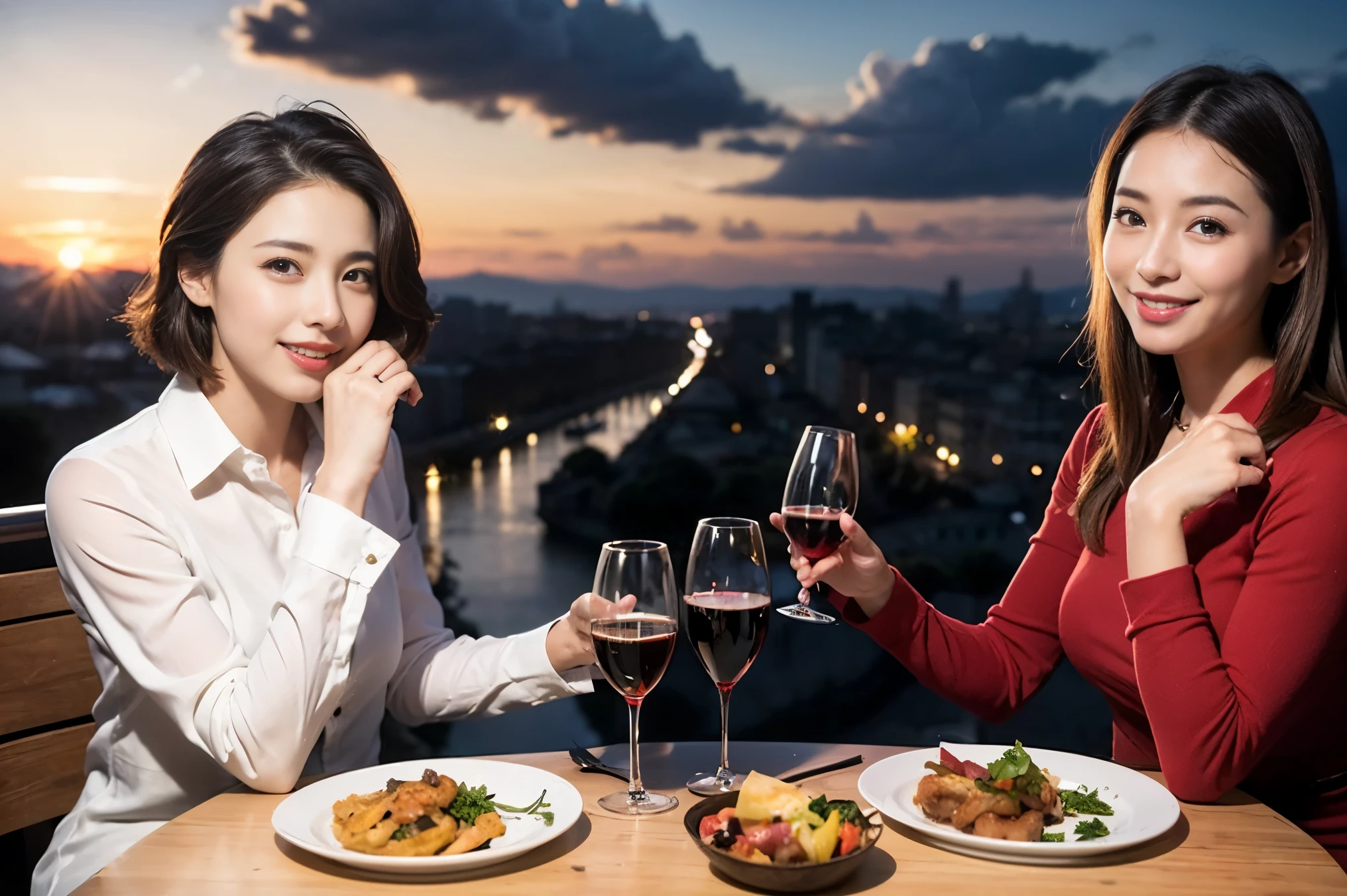 ((highest quality、8k、masterpiece:1.3))、1 male 1 female、A lover who resembles Satomi Ishihara、Beautiful couple、smile、full-course dinner、 (Slim face), (the body is スリム), (Brown Hair), (Shortcuts), ((Bob Hale、テーブルの上のwine glass、Please shine a light on my face、 Amazing view of the sunset sky and clouds、 (Age 37), 39 years old, red wine 、Appetizers、Italian food、Wine bottle、Champagne、sparkling wine、Long sleeve shirt、dress、White wine, red wine, wine glass, 