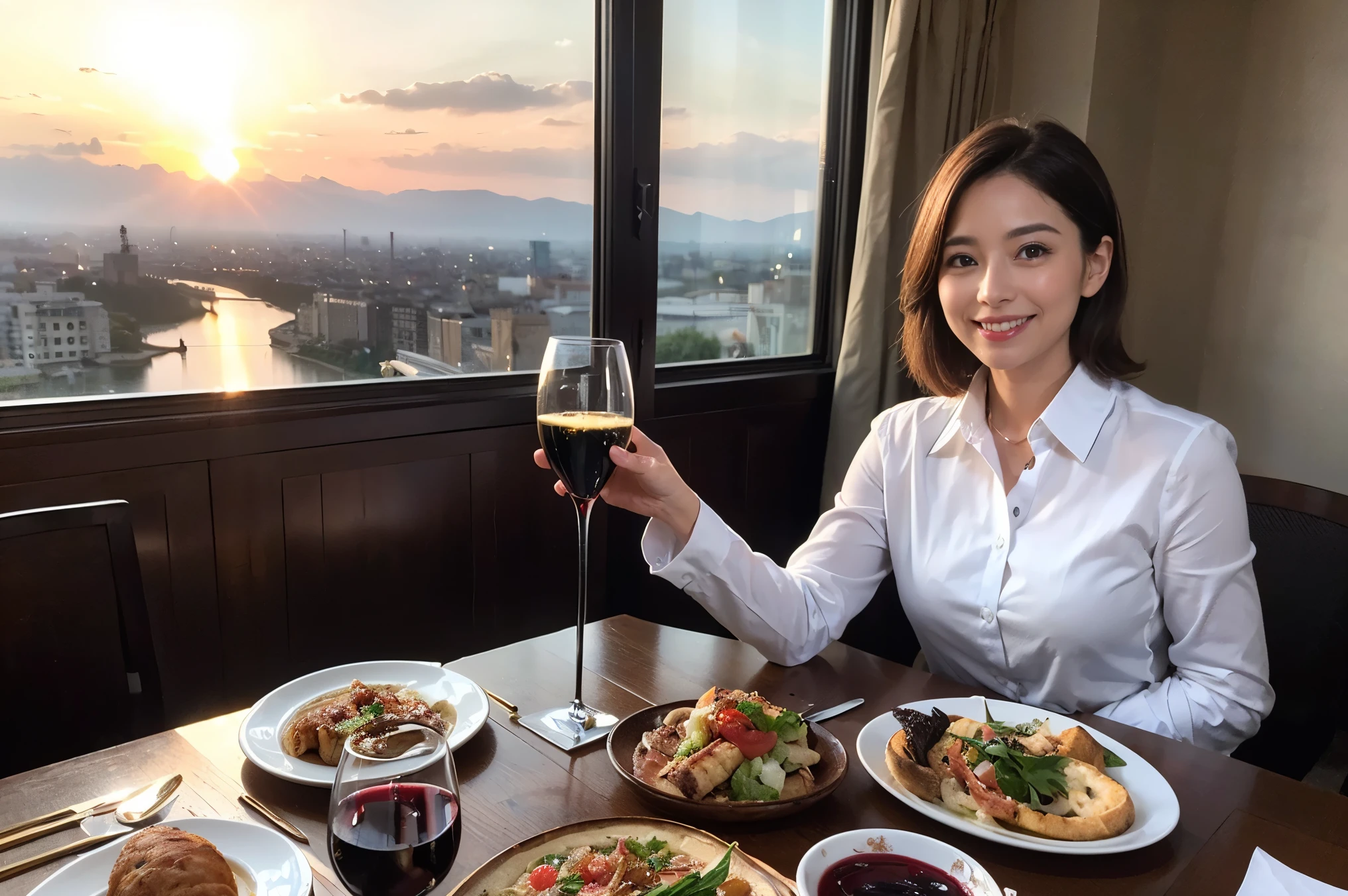 ((highest quality、8k、masterpiece:1.3))、1 male 1 female、A lover who resembles Satomi Ishihara、Beautiful couple、smile、full-course dinner、 (Slim face), (the body is スリム), (Brown Hair), (Shortcuts), ((Bob Hale、テーブルの上のwine glass、Please shine a light on my face、 Amazing view of the sunset sky and clouds、 (Age 37), 39 years old, red wine 、Appetizers、Italian food、Wine bottle、Champagne、sparkling wine、Long sleeve shirt、dress、White wine, red wine, wine glass,