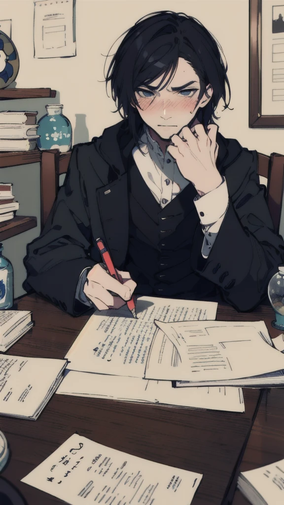masterpiece, best quality, 1 man, solo, Severus snape, sitting at desk, writing on paper, open books on desk, looking at viewer, annoyed look, handsome, slight blush, potion bottles in background