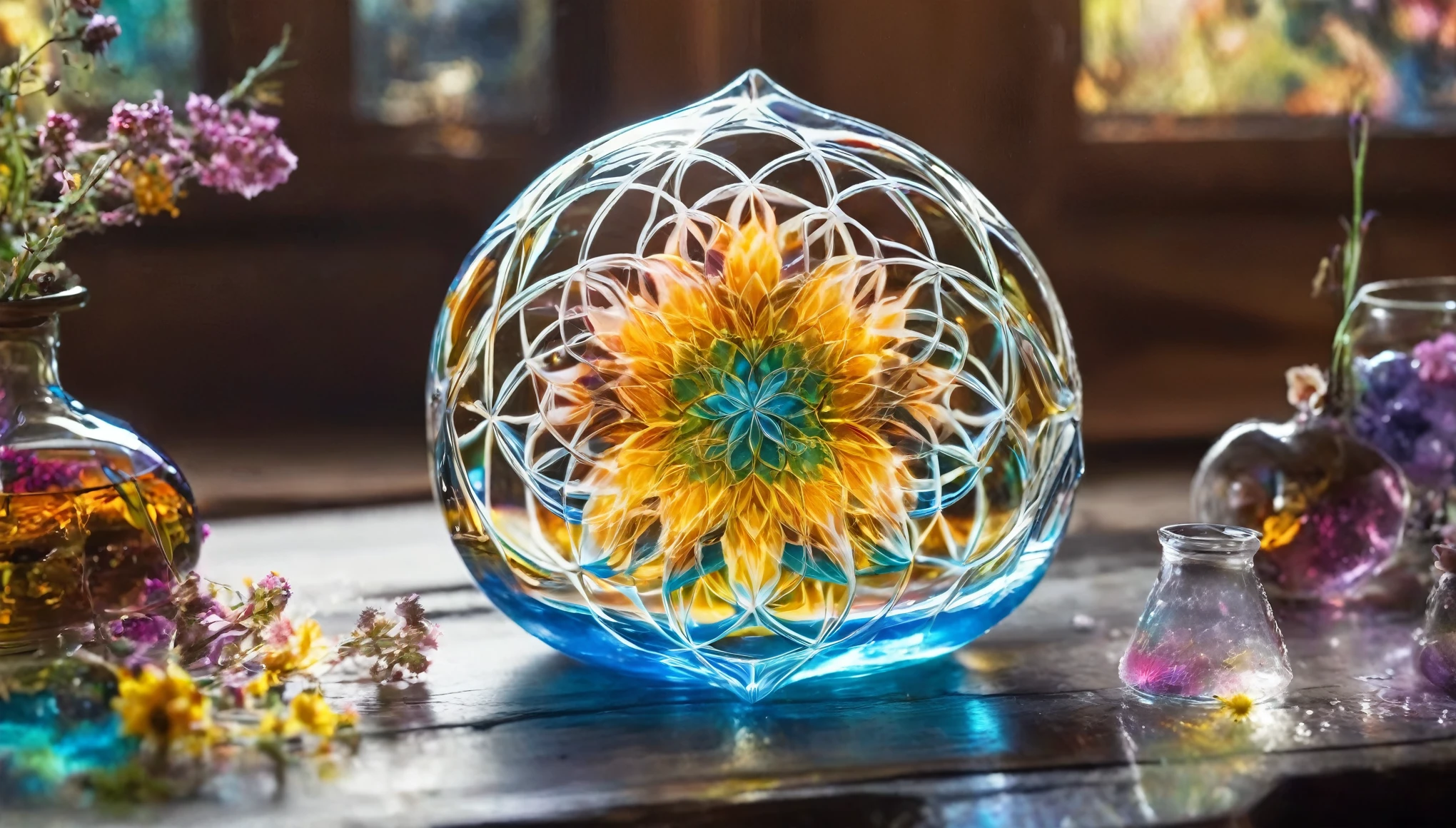 /I combining liquid kittens from science glass into flower of life bowl, surreal unexpected alchemical reaction