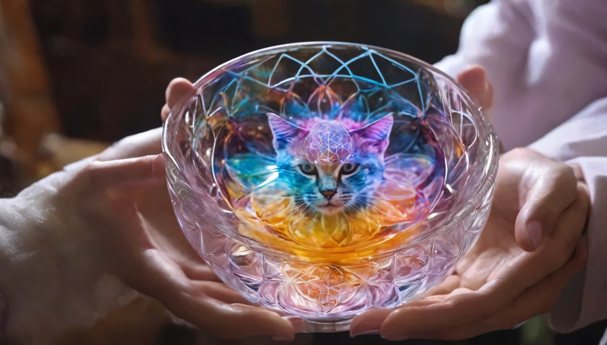 /I combining liquid kittens from science glass into flower of life bowl, surreal unexpected alchemical reaction