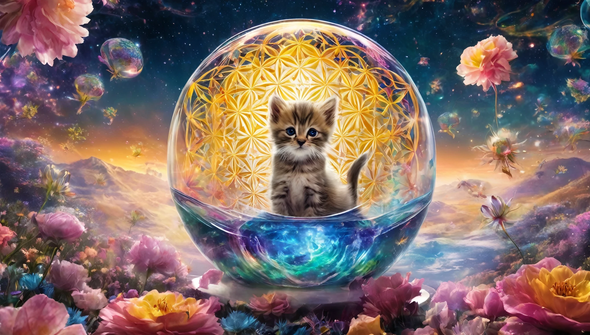 /I combining liquid kittens from science glass into flower of life bowl, surreal unexpected alchemical reaction