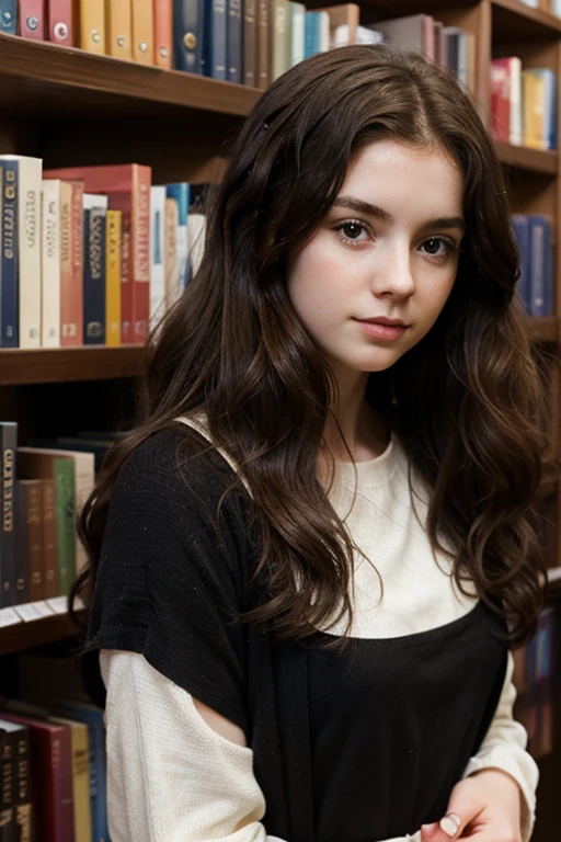 Girl pale skin and dark curly hair in a library 