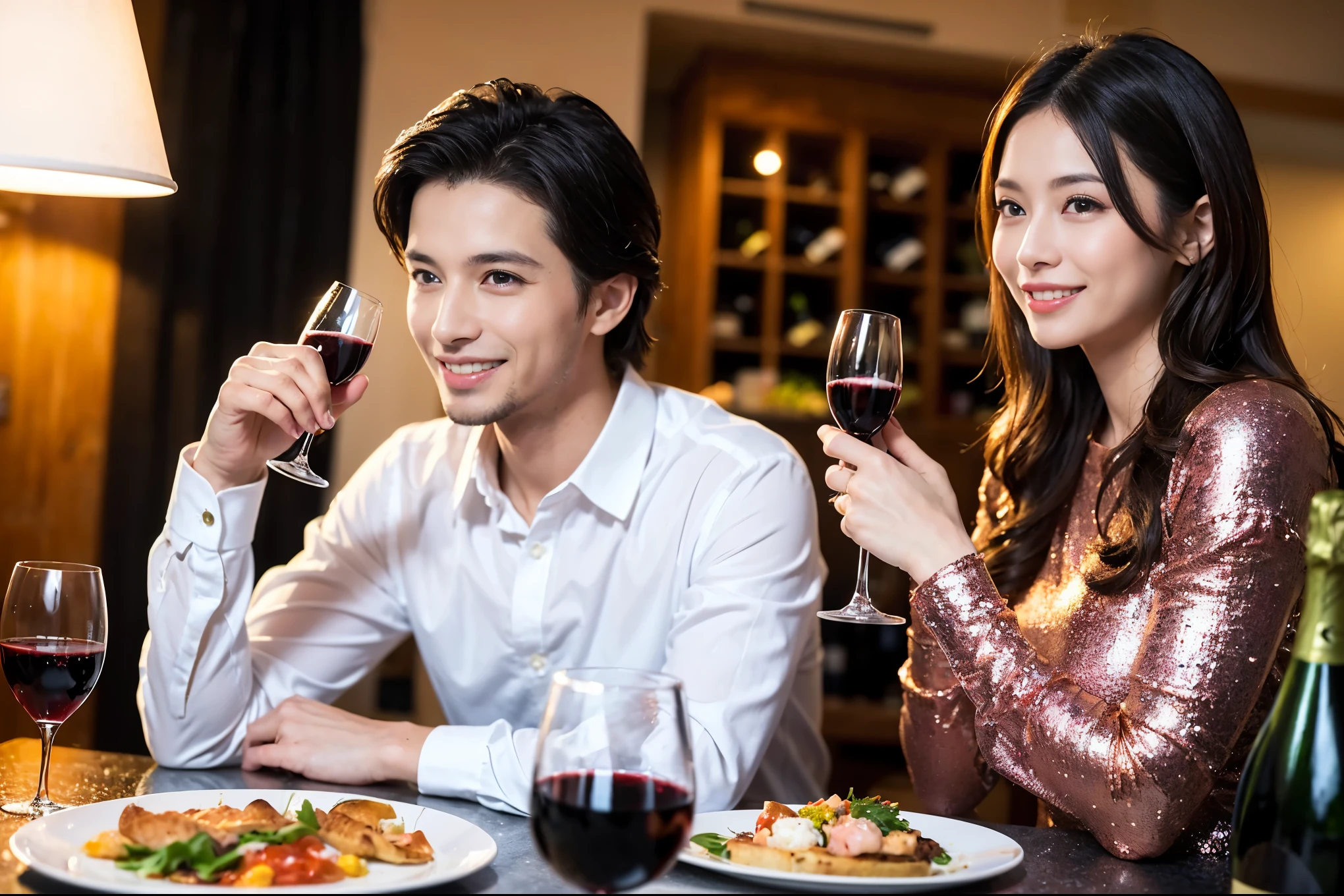 ((highest quality、8k、masterpiece:1.3))、1 male 1 female、A lover who resembles Satomi Ishihara、Beautiful couple、smile、full-course dinner、 (Slim face), (the body is スリム), (Brown Hair), (Shortcuts), ((Bob Hale、テーブルの上のwine glass、Please shine a light on my face、 Amazing view of the sunset sky and clouds、 (Age 37), 39 years old, red wine 、Appetizers、Italian food、Wine bottle、Champagne、sparkling wine、Long sleeve shirt、dress、White wine, red wine, wine glass,
