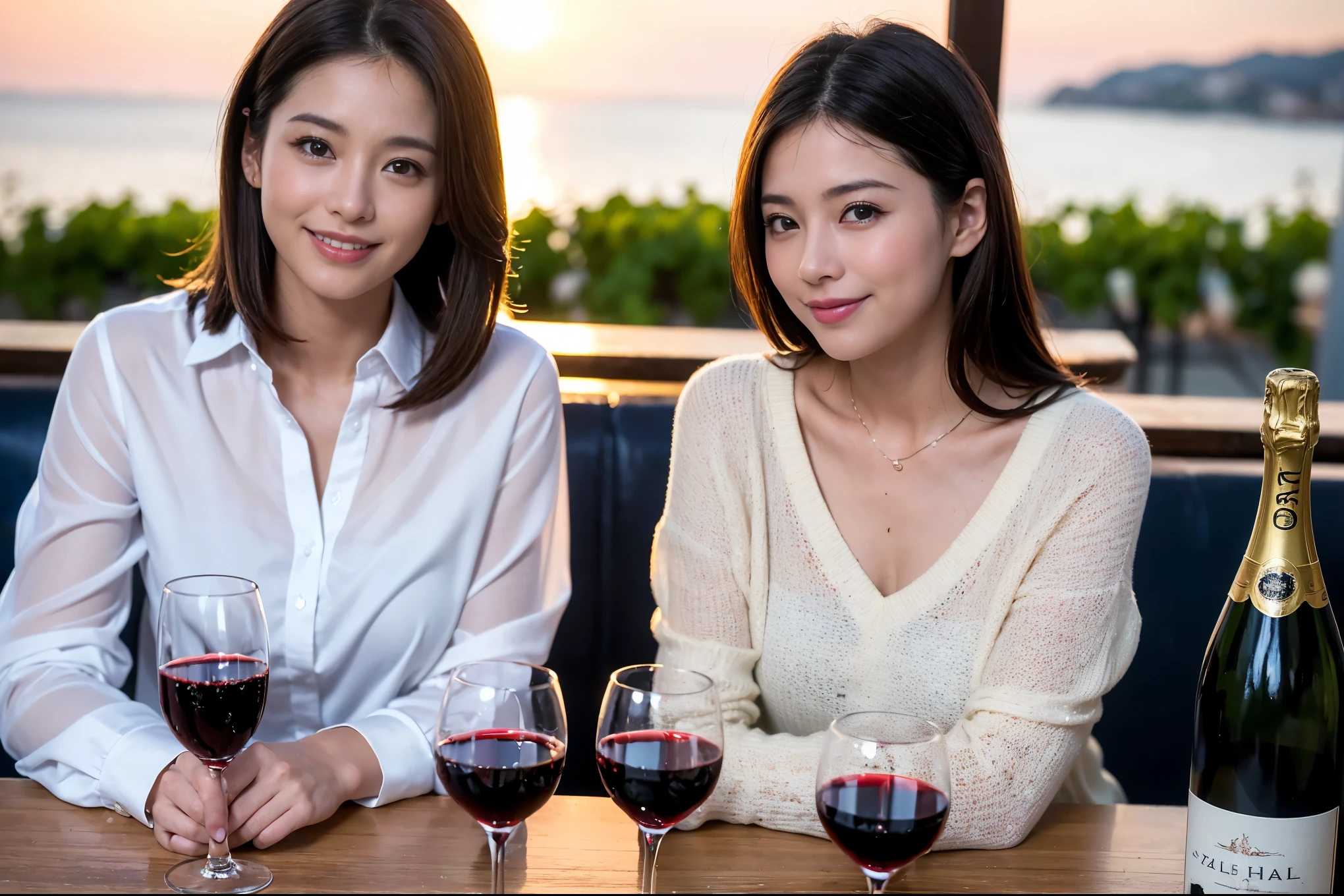 ((highest quality、8k、masterpiece:1.3))、1 male 1 female、A lover who resembles Satomi Ishihara、Beautiful couple、smile、full-course dinner、 (Slim face), (the body is スリム), (Brown Hair), (Shortcuts), ((Bob Hale、テーブルの上のwine glass、Please shine a light on my face、 Amazing view of the sunset sky and clouds、 (Age 37), 39 years old, red wine 、Appetizers、Italian food、Wine bottle、Champagne、sparkling wine、Long sleeve shirt、dress、White wine, red wine, wine glass,