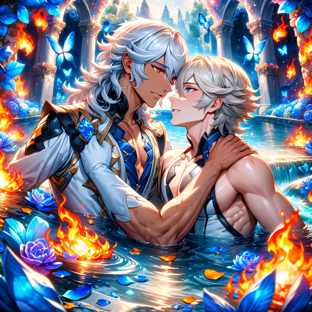 absurdres, highres, ultra detailed, HDR, master piece, best quality, Arthur Pendragon, blonde hair, expressive green eyes, fate grand order, Merlin, white untamed long hair, expressive blue eyes, two sexy men together, gay couple, yaoi, handsome, white tunic, black funic, fantasy, water, pink flowers, pink blossoms, pink butterflies, pink petals