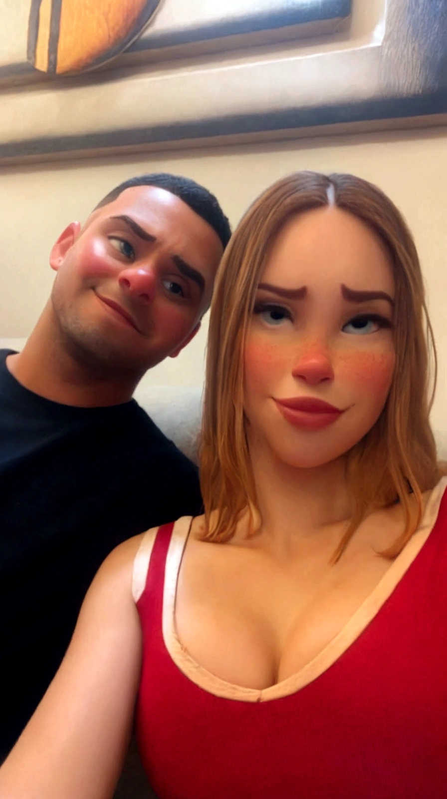 there is a man and a woman sitting on a couch, Mulher de 24 anos de Cuba, alexa grace, Sakimichan e Frank Franzzeta, casal, Alex Gray e Romero Ressendi, imagem de perfil, Lorena Avarez, Sidney Lugo, imagem de perfil, 1614572159, leaked image make this image disney pixar style, em alta qualidade, and have the character kiss the face of the girl with red hair, lisos, boca grande sardinhas no rosto