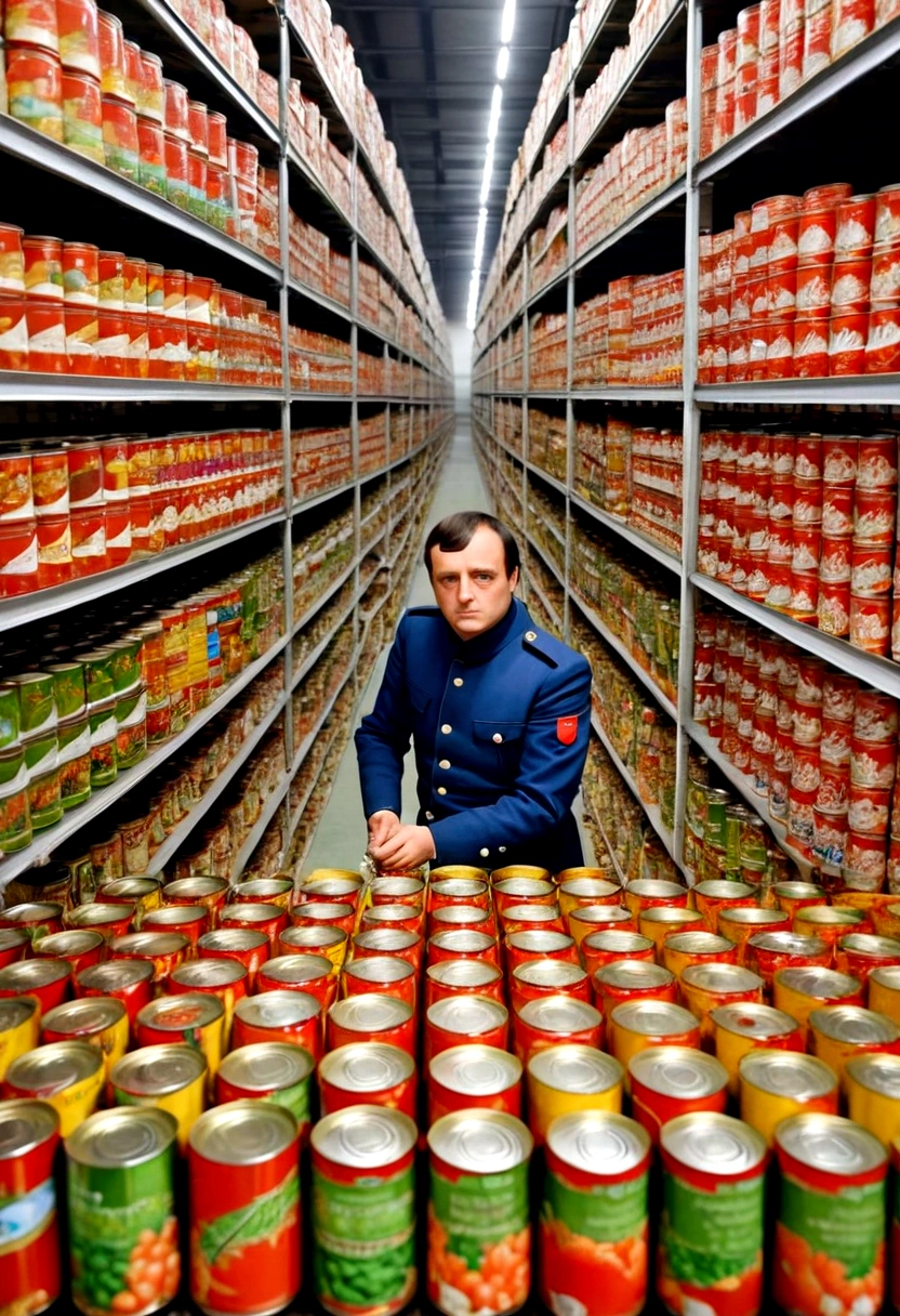 Napoleon with a serious expression、A photo of a tour of the canned food manufacturing processA view of the factory with rows of cansOpening a can、Napoleon eating the contents with gusto