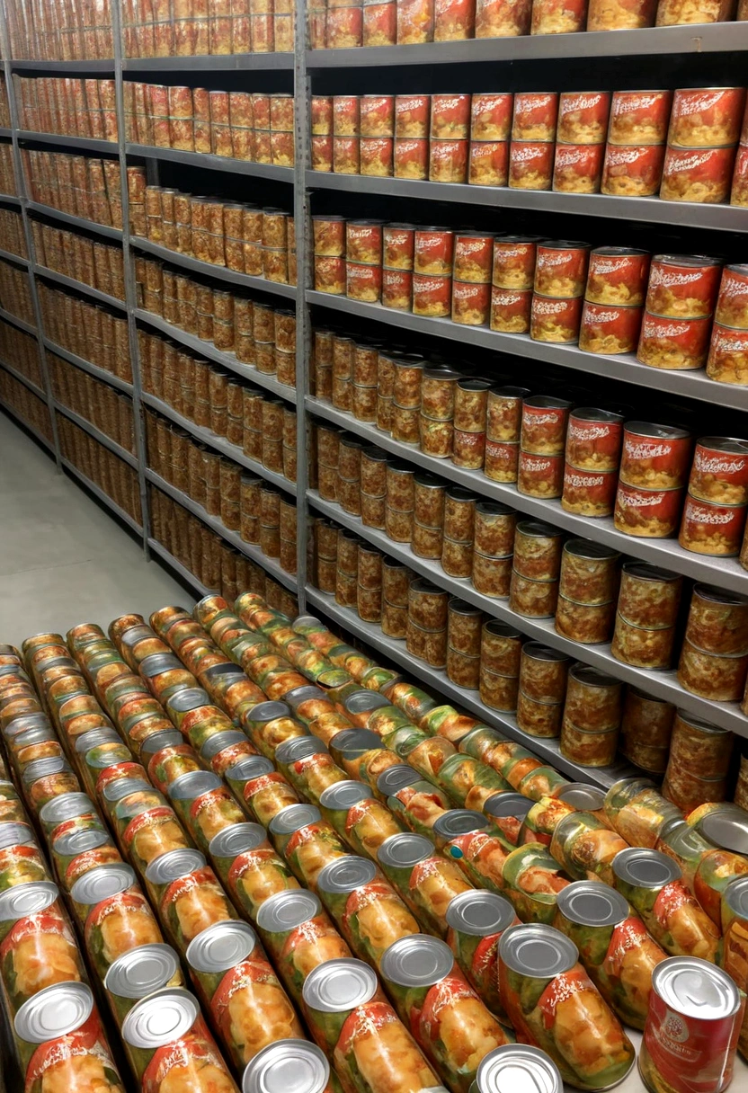 Napoleon with a serious expression、A photo of a tour of the canned food manufacturing processA view of the factory with rows of cansOpening a can、Napoleon eating the contents with gusto
