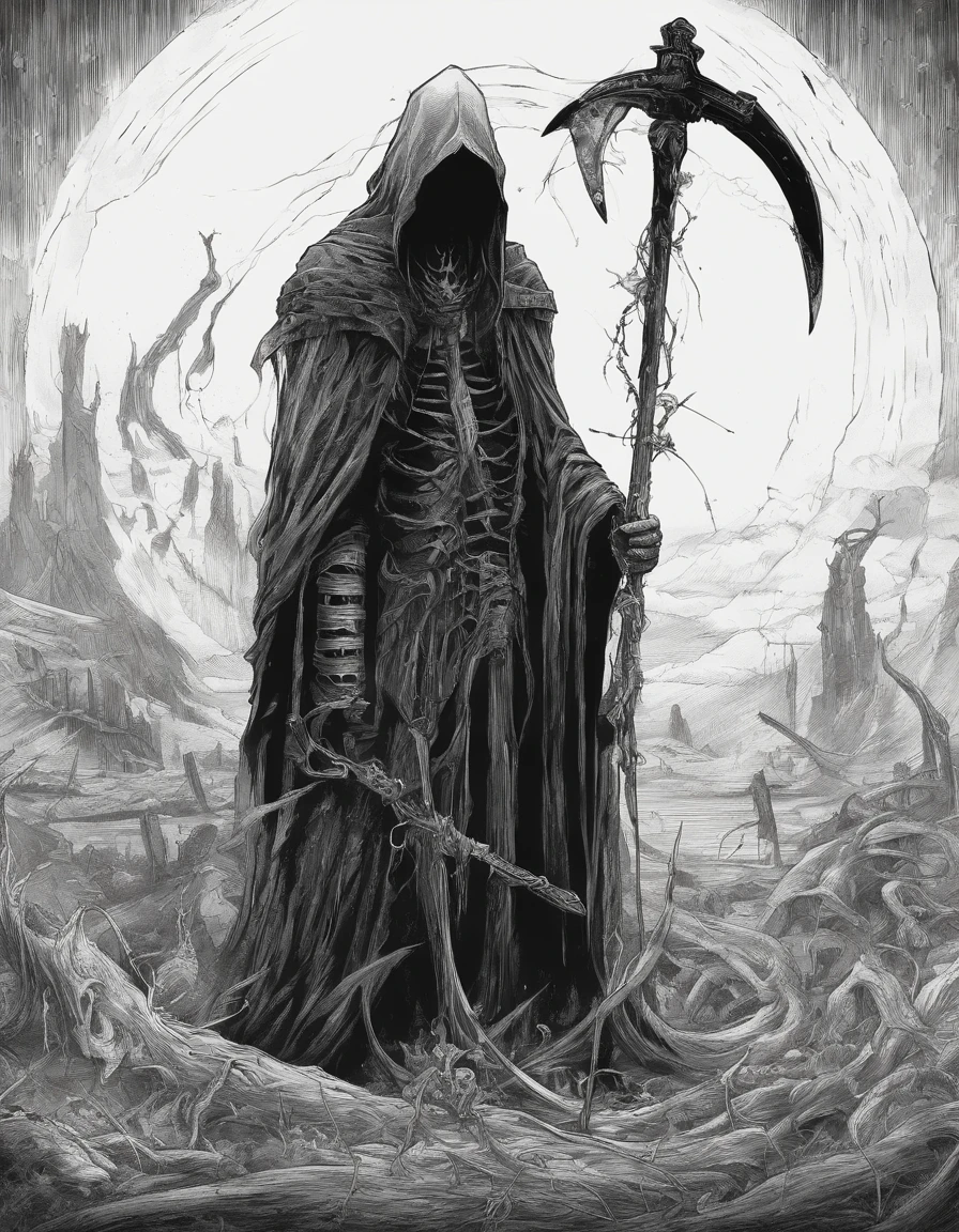 black and white drawing of a grimy grimy character holding a scythe, scythe design, mark riddick, just art for dark metal music, black metal band logo, grim reaper, scythe, detailed cover artwork, reaper, black metal logos, grim, the grim reaper, vvitch, eerie and grim art style, the harbringer of death