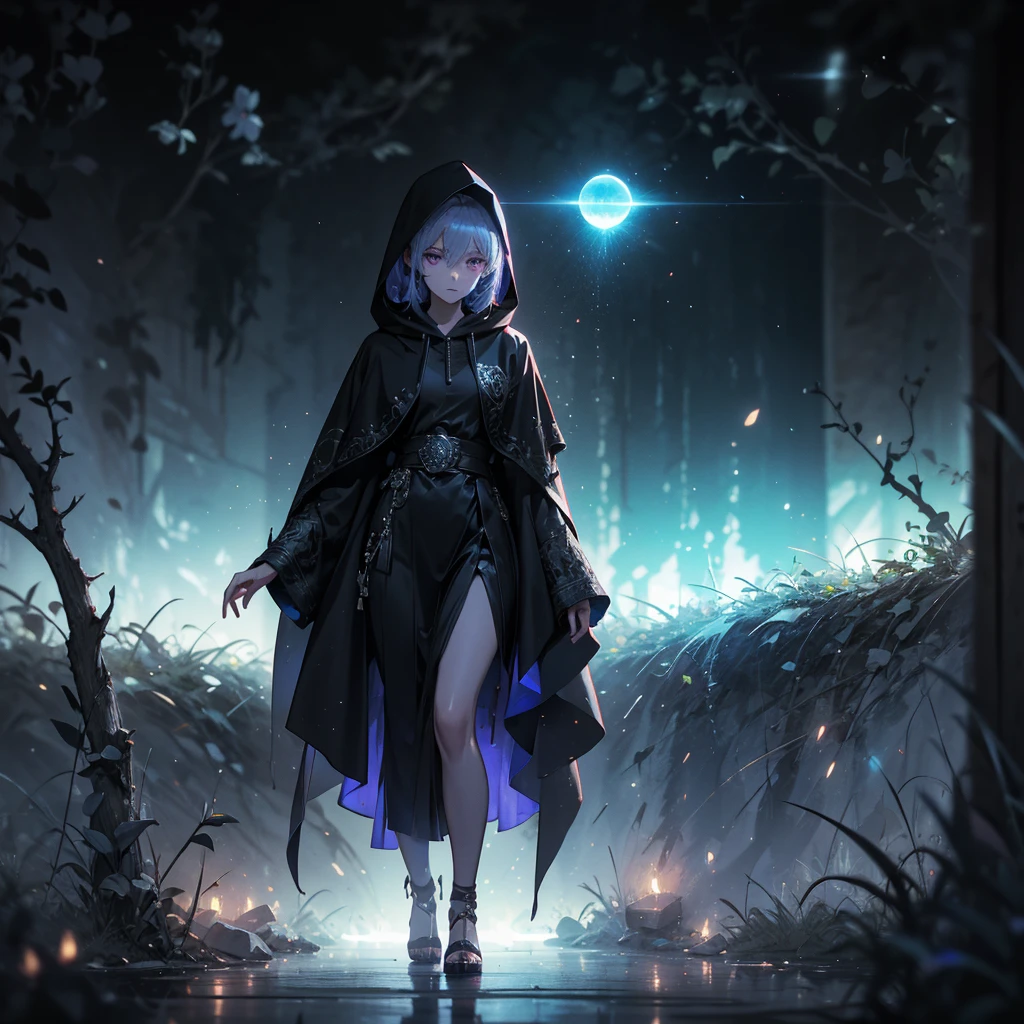 (((masterpiece)))((intricate detail))((8k UHD resolution)) A (full-body shot) of a (girl) in a dark hooded cloak, standing in a dim, shadowy environment. She is holding a glowing orb of energy in her hands, which emits a soft, ethereal light. Surrounding her are numerous small lights in shades of blue and purple, casting a faint glow similar to candlelight. The atmosphere is mysterious and otherworldly, with a misty haze drifting around her feet. The ground beneath her is reflective, creating a mirrored effect that adds to the surreal ambiance. Subtle textures of ancient, worn stones and creeping vines can be seen in the background, hinting at a hidden, mystical place. The scene is quiet and enigmatic, with the girl's face partially obscured by the hood, her eyes focused intently on the luminous orb.