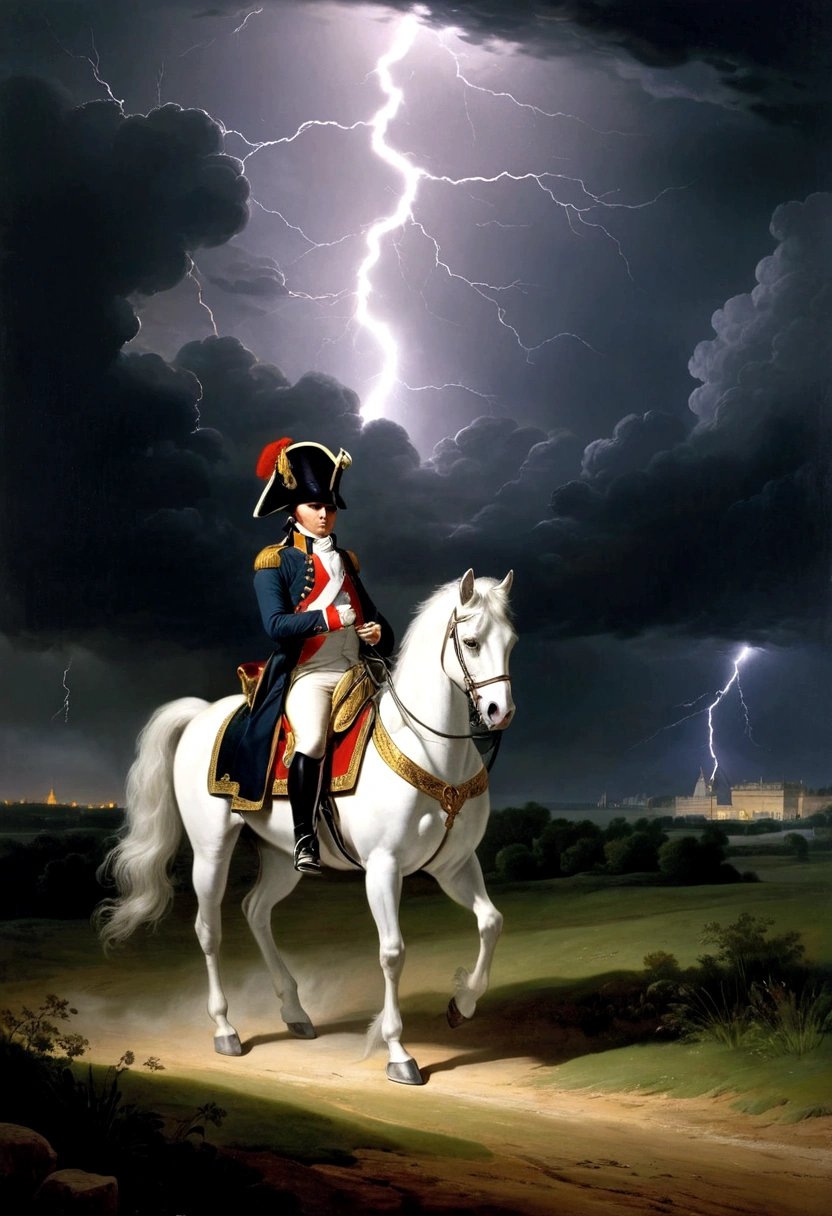 In a thunderstorm、Napoleon was trembling with fear as he rode in his carriage. He covered his ears to the lightning and thunder that lit up the pitch black sky.、Napoleon with his eyes tightly closed