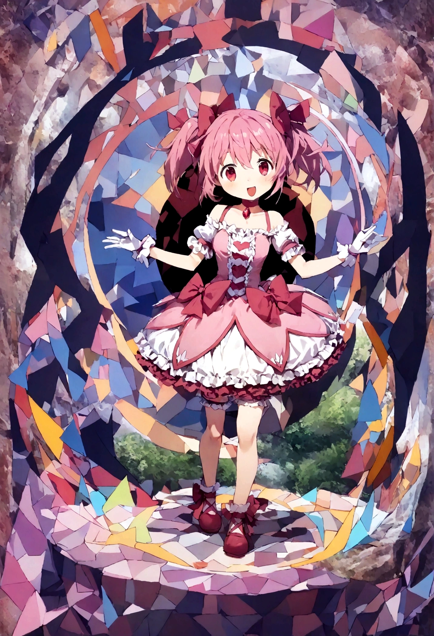 kaname_madoka\(Puella Magi Madoka Magica,(magical_girl costume:1.3),(chibi:0.5),pink short twin tails,bows,open shoulder dress with frill,backward ribbon at neck,white grove,red jewel at middle of clavicle\) is standing with confused face lost her way, showing full body to viewer, BREAK ,colorful and geometric and chaotic background of messy chaotic gothic shadow puppet castles,(in a very psychedelic nightmare), BREAK ,quality\(8k,wallpaper of extremely detailed CG unit, ​masterpiece,hight resolution,top-quality,top-quality real texture skin,hyper realisitic,increase the resolution,RAW photos,best qualtiy,highly detailed,the wallpaper,cinematic lighting,ray trace,golden ratio\),(long shot),wide shot,landscape,blured background,(art by Maurits Escher:1.3),better hands