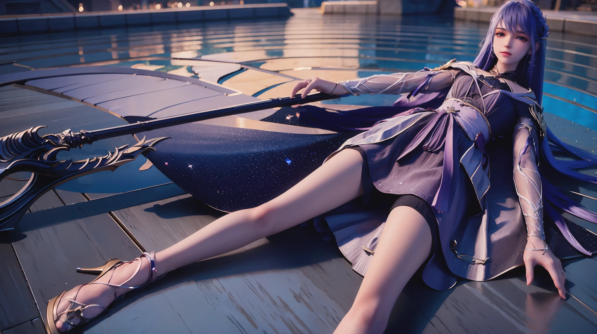 A girl lying on the bed under the stars, delicate smile, beautiful delicate eyes, beautiful delicate lips, extremely delicate face and eyes, long eyelashes, sexy body, flowing hair, best picture quality, famous works, ultra high resolution, (realistic :1.4), RAW photos, (Beautiful face :1.2), (Lying on the water :1.5), 1 girl, (Surreal), (8K), (4K), physical rendering, starry sky, ((full body shot)), barefoot, cross-legged, wearing a dress, long skirt