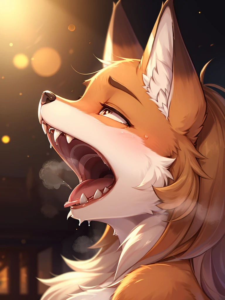Hallucination, daydream , Fear , bokeh , hairy fur , A hungry female fox , steamy breath , open mouth , half open moist eyes , Canine , uvula , focus mouth , look away , White eyes , half side view