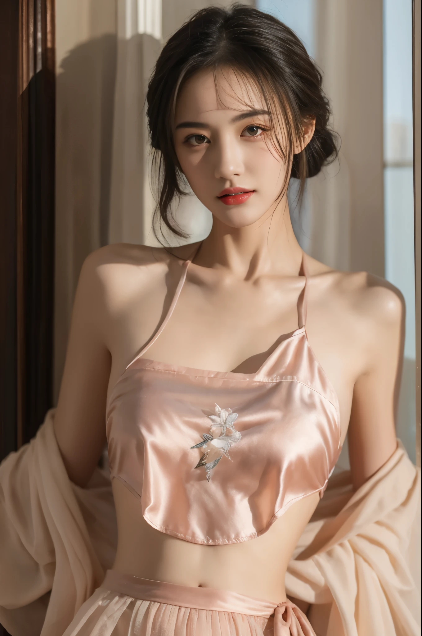 original photo，best quality），（lifelike，照片lifelike：1.3），best quality，1 girl，Dominant_Body，Large Breasts，messy_long_hair，best quality，Extremely detailed CG unified 8k wallpaper，，Astonishing，Light，lens_Flare，Dunhuang_style，Real People，Highly detailed face and skin texture, Exquisite eyes,Surrealism，Hyper-realistic photos，Very detailed