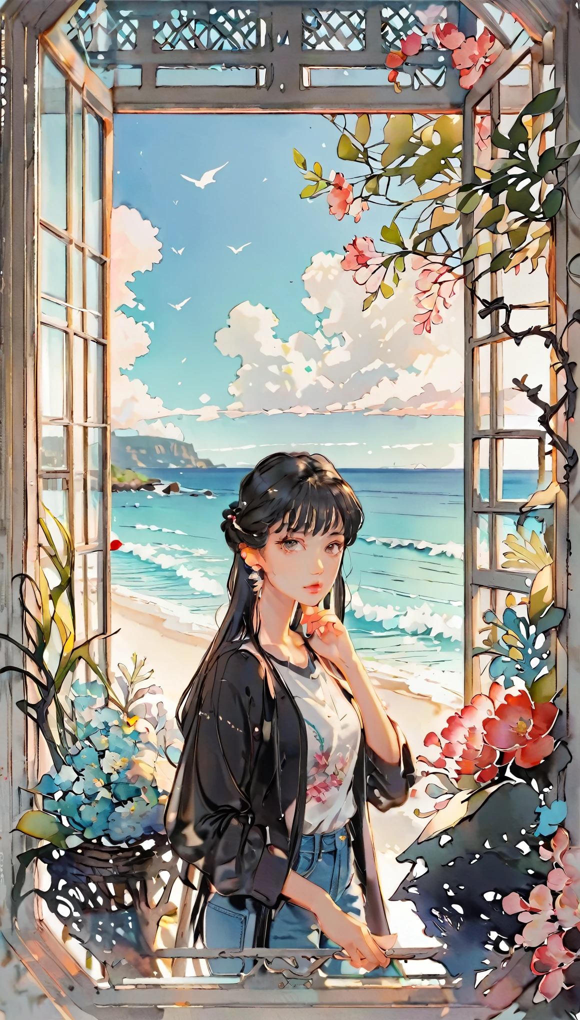(((paper cutting style))), 1 girl, medium black hair, straight hair, portfolio, shirts, denim, ocean and sky