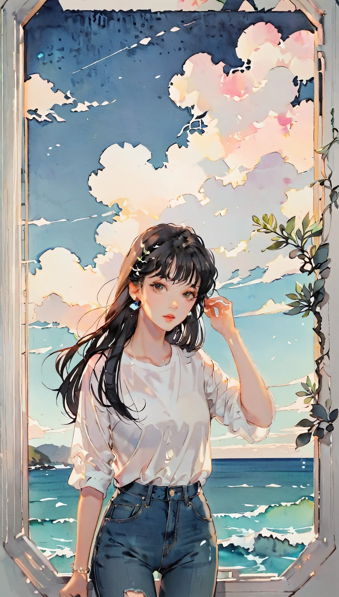 (((paper cutting style))), 1 girl, medium black hair, straight hair, portfolio, shirts, denim, ocean and sky