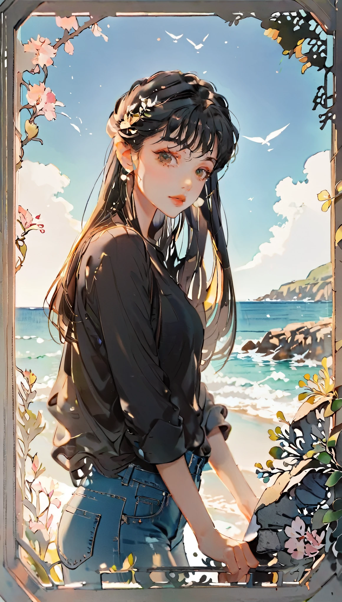 (((paper cutting style))), 1 girl, medium black hair, straight hair, portfolio, shirts, denim, ocean and sky