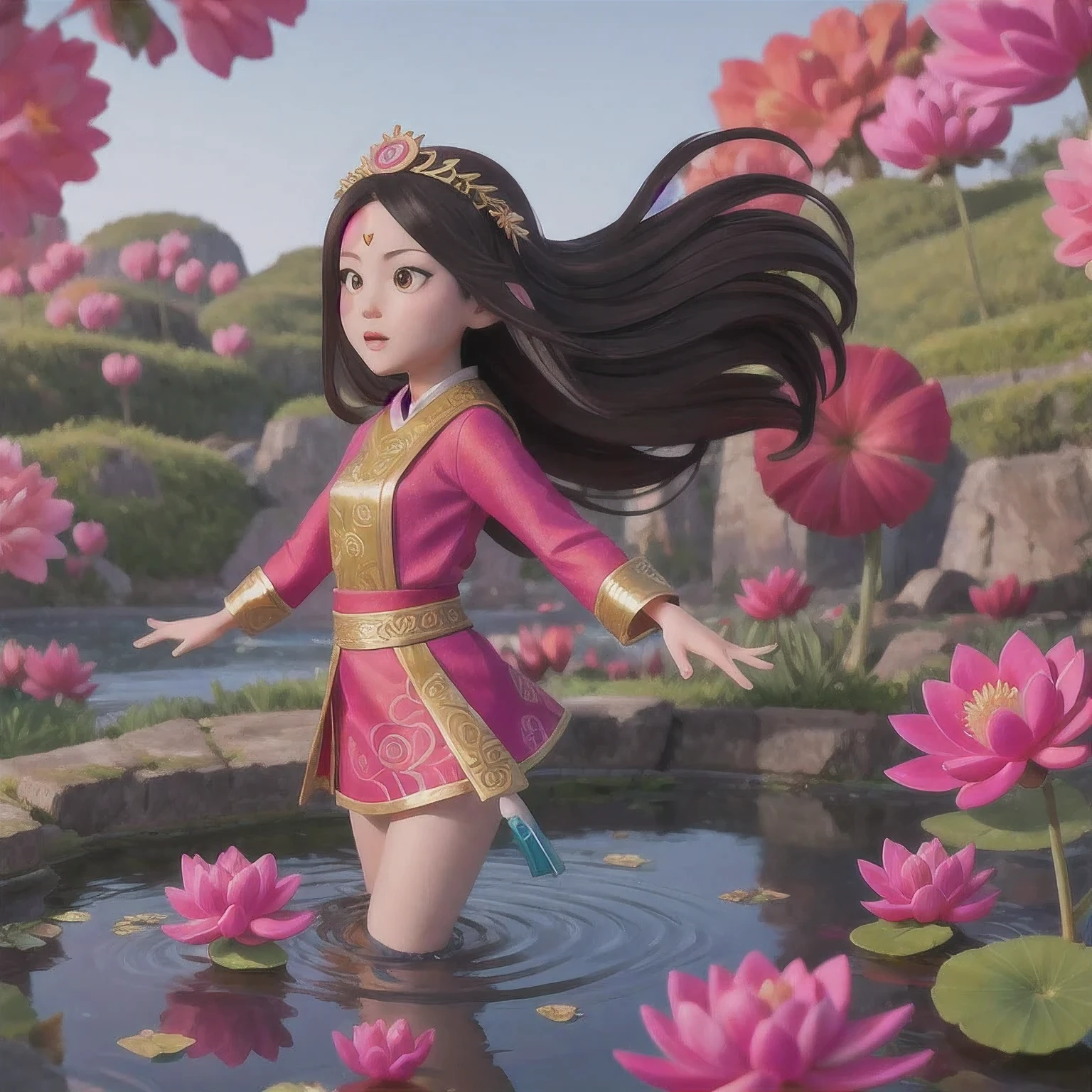 （Jay，HD，Ultra HD）long flowing dark hair，pond，Zidink， a color， （Concubine）， （Scarves）， Fighting Stance， Looking at the ground， Long gray hair， Flowing hair， Carp pattern headdress， Chinese style long sleeve clothing， （abstract ink splash：1.2）， Pink petals background，Pink and white lotus flowers flying（realistically：1.4），black hair，Fallen leaves fluttering，Background pure， high resolution， detail，photo， sharpie， Nikon film stock photo，do