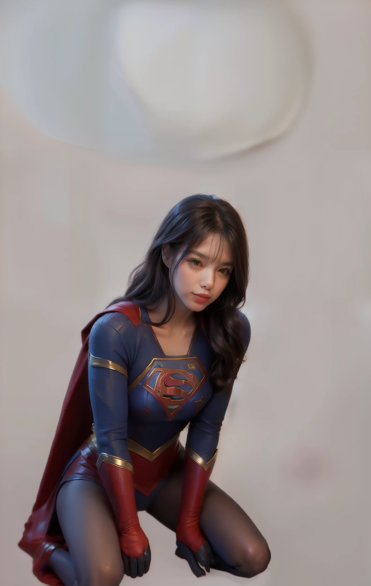 (((Make the most of your original images)))、(((Kneeling Supergirl)))、(((Supergirl being defeated)))、(((Supergirl's costume is ripped and full of holes.)))、(((hang)))、(((close your eyes、Sleeping)))、((bra、weak legs))、(((Downward、Pushed down)))、((obtain))、((suffering))、((Doll condition))、((suffering))、(((Wear red gloves)))、(((Shiny black hair)))